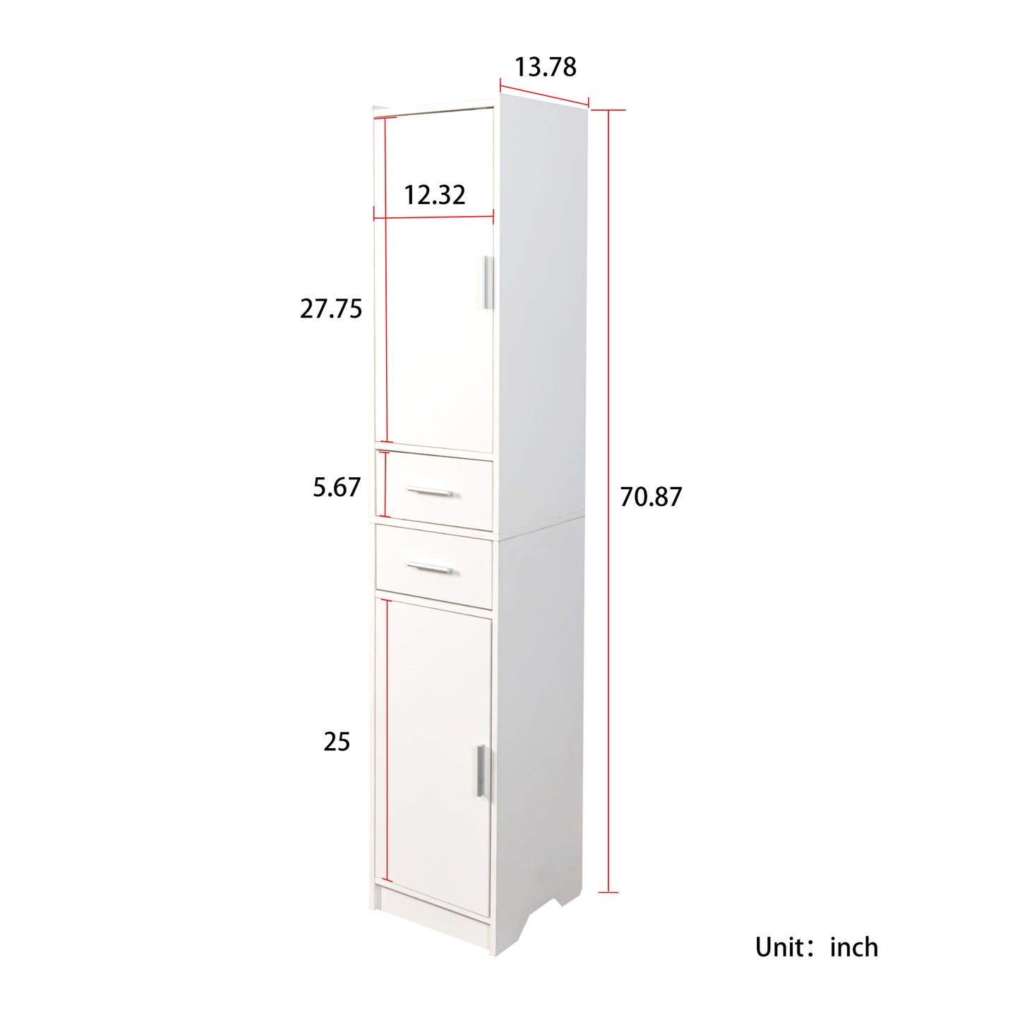 VIYET 71" Tall Narrow Storage Cabinet - White Particle Board+MDF, 2 Doors, 2 Drawers, Adjustable Shelves, Kitchen Use