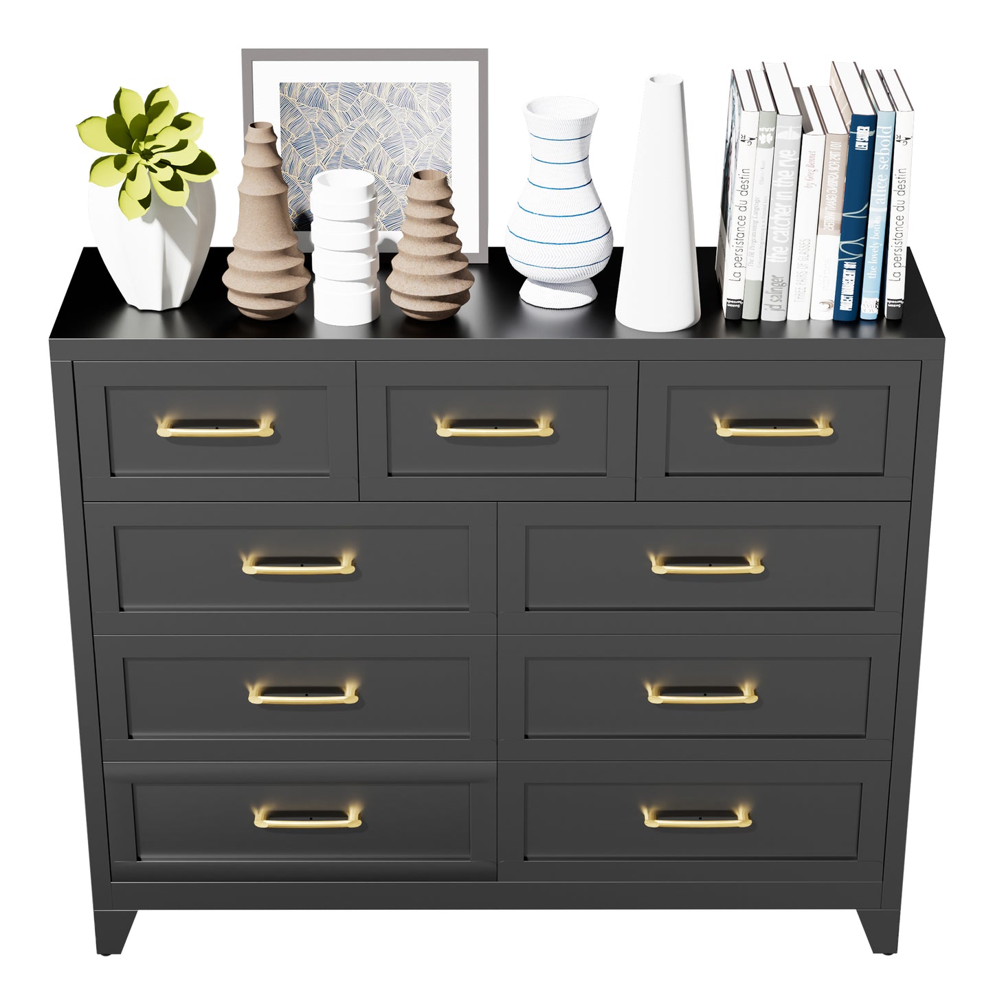 VIYET 9-Drawer Black Dresser for Bedroom, Tall Wide Chest of Drawers with Smooth-Glide Storage