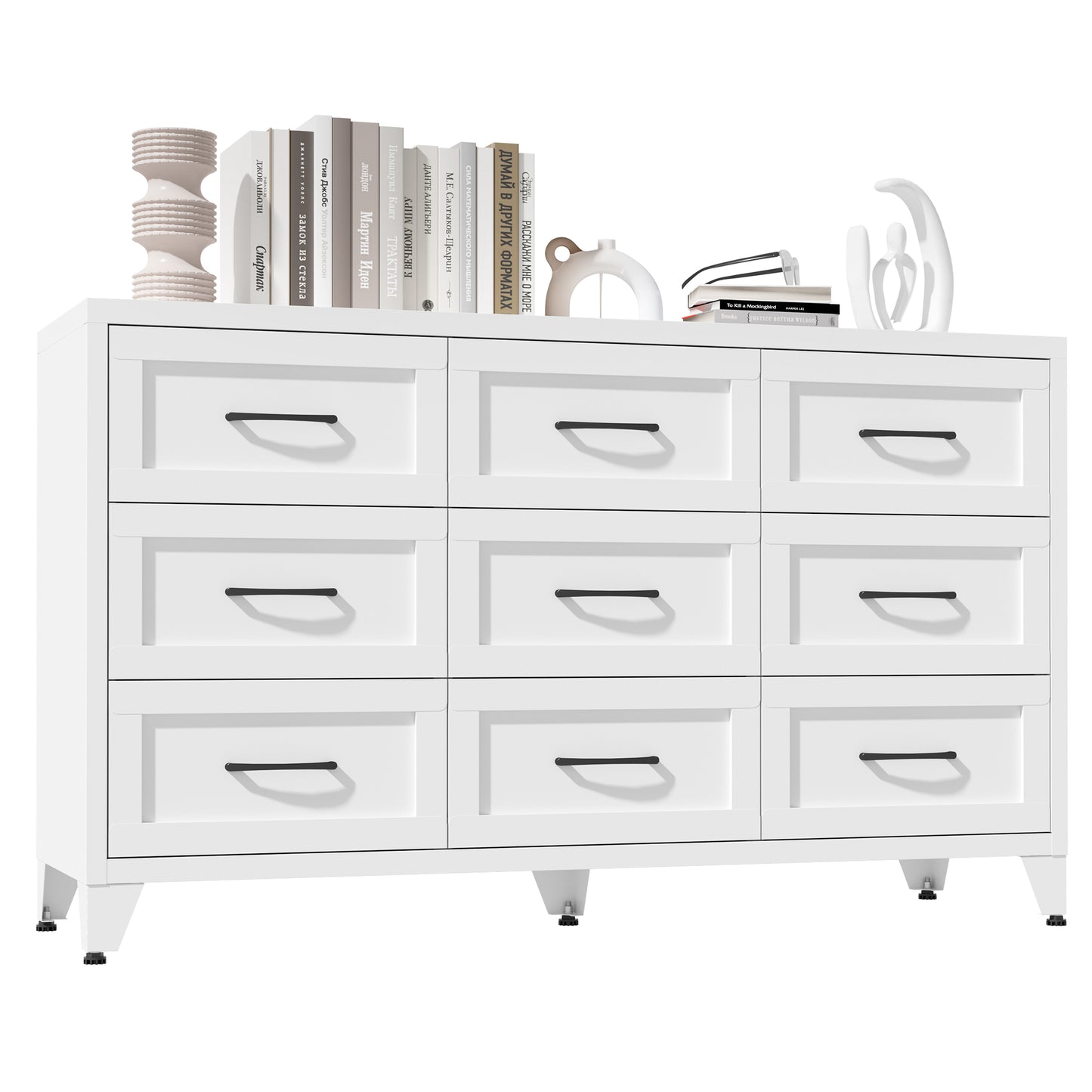 VIYET 9-Drawer Wide Dresser, White Bedroom Storage Chest with Smooth-Glide Drawers for Closet, Hallway & Entryway