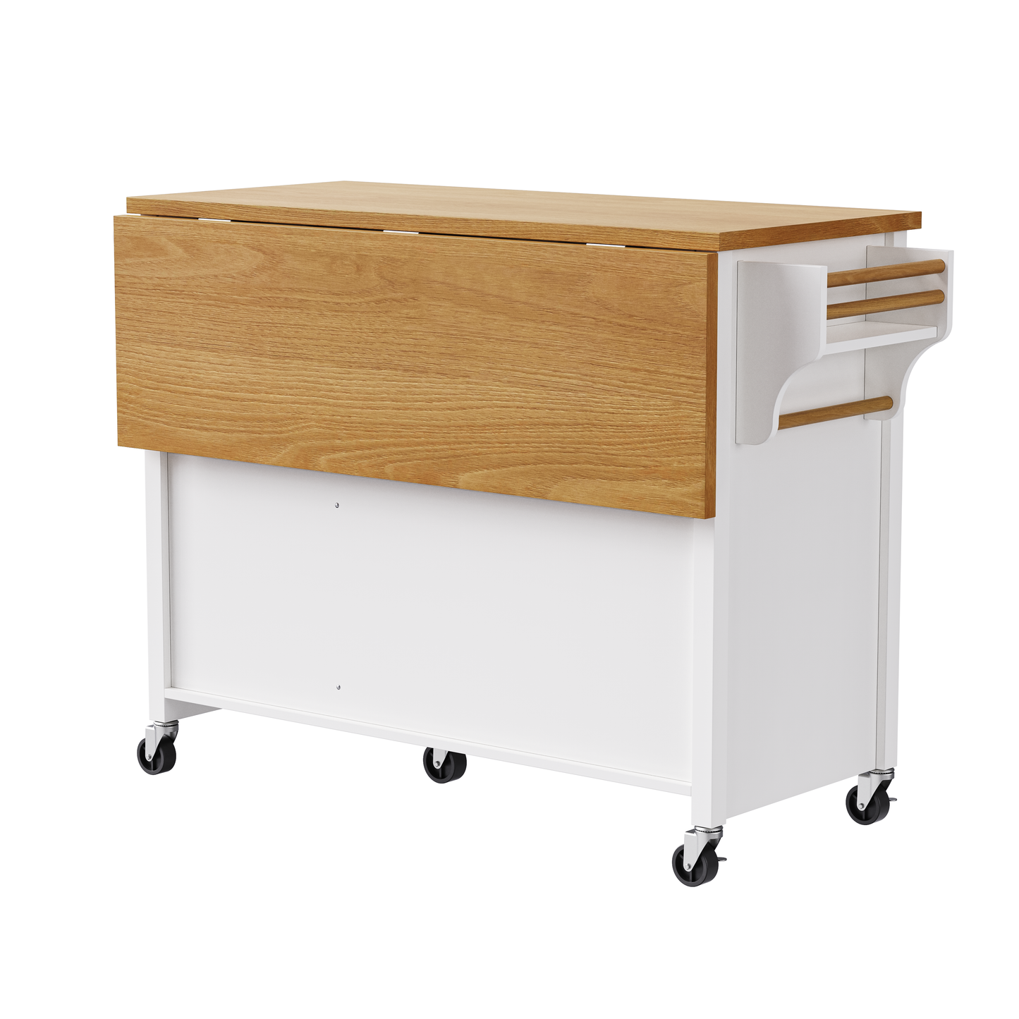 VIYET 36" K&K Kitchen Island with Drop Leaf, White MDF Storage Cart w/ Oak Veneer Top (2 Doors+5 Drawers+Adjustable Shelf)