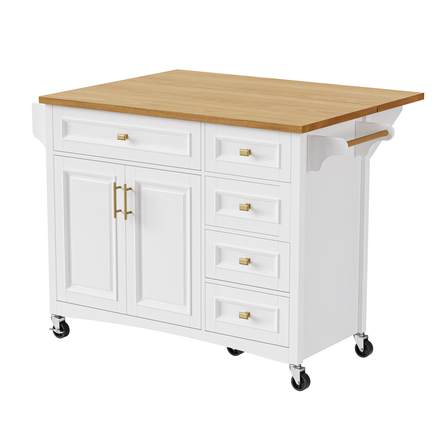 VIYET 36" K&K Kitchen Island with Drop Leaf, White MDF Storage Cart w/ Oak Veneer Top (2 Doors+5 Drawers+Adjustable Shelf)
