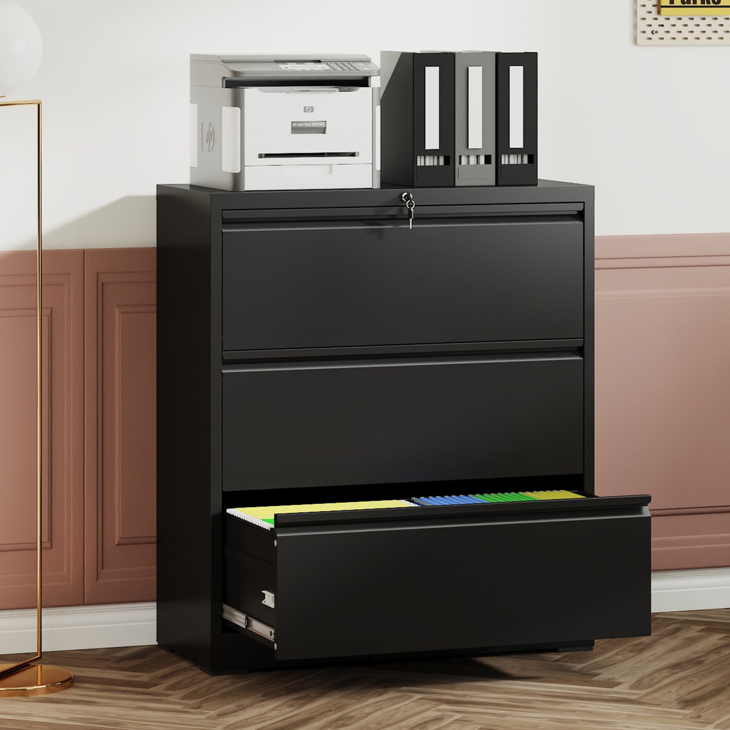 VIYET 40" Tall 3-Drawer Lockable Lateral File Cabinet, Heavy-Duty Metal Office Storage with Silent Full-Extension Drawers and Anti-Tilt, Fits Letter, Legal & A4