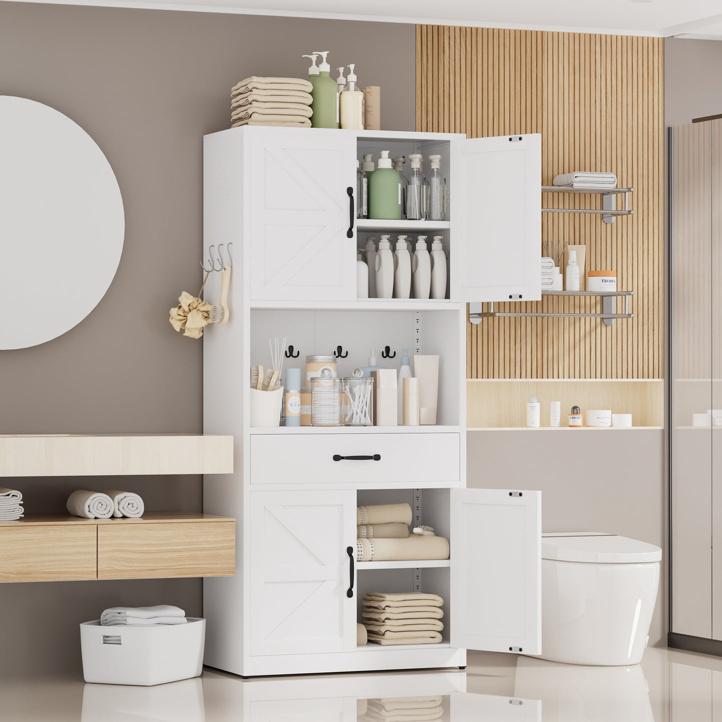 VIYET 71"H Heavy-Duty White Steel Pantry Cabinet,Large Countertop+Adjustable Shelves+Drawers+Hooks,Modern Storage for Kitchen/Bathroom/Living Room