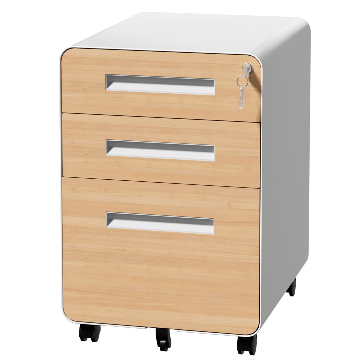 VIYET 3 Drawer Mobile File Cabinet with Lock, Wood Grain Metal Rolling Filing Cabinet on Wheels, Steel Office Storage Cabinet for Letter Legal Files