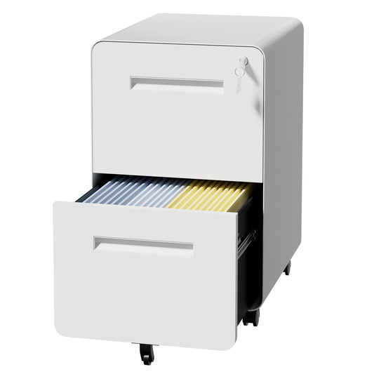VIYET 2 Drawer Mobile File Cabinet, Metal Rolling Filing Cabinet with Lock, Fully Assembled Steel Office Storage Cabinet, White
