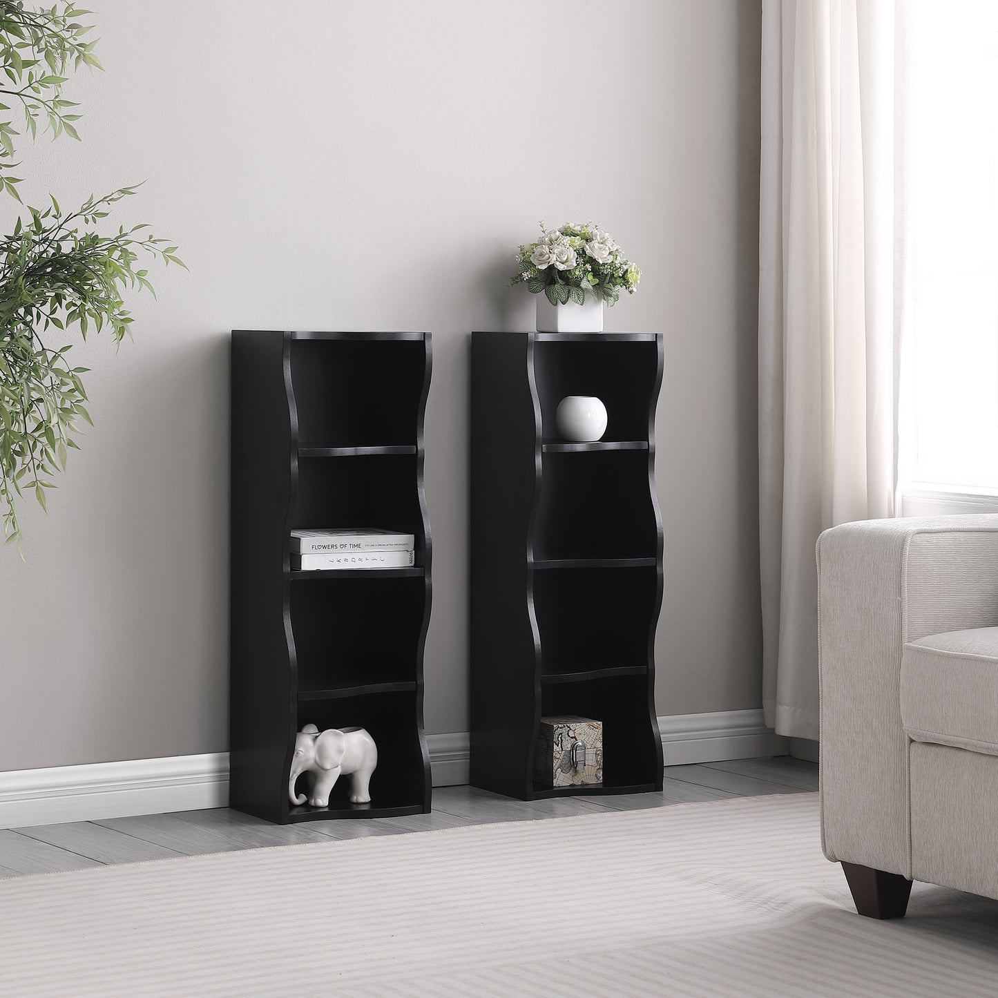 VIYET 71" 8-Tier Ultra-Thin Adjustable Bookshelf, Black MDF Display Rack w/ Wavy Border (Detachable Home Office Organizer)