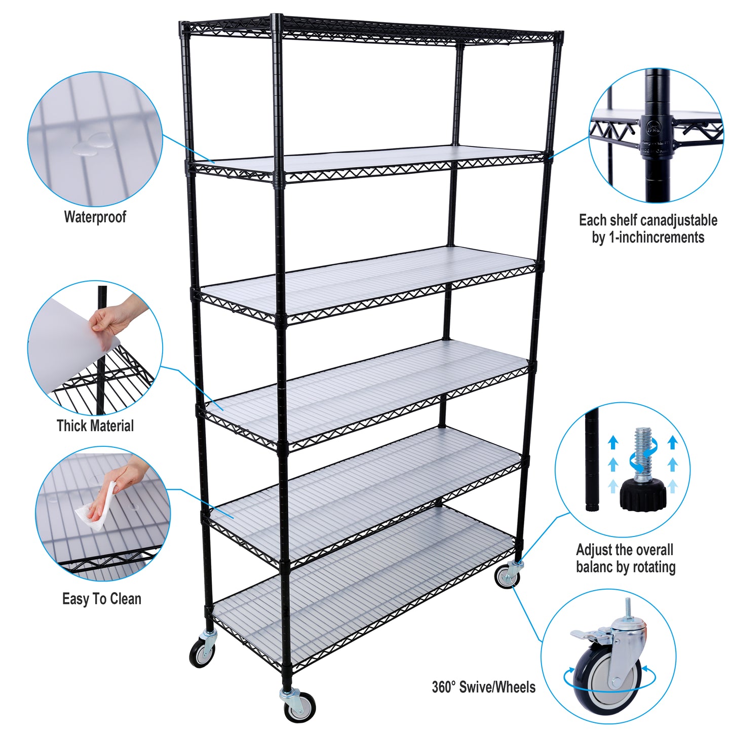 VIYET 6 Tier 6000LBS NSF Metal Wire Shelving, Heavy Duty Adjustable Rack with Wheels & Shelf Liners (Black, 84"H×48"L×20"D)