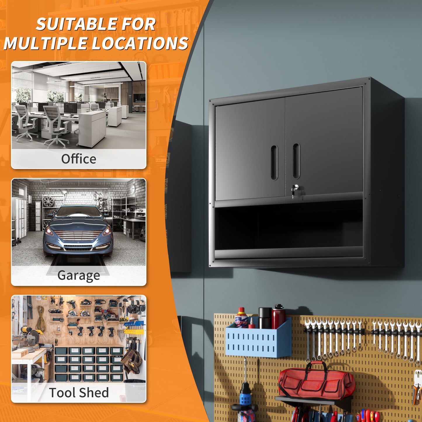 VIYET 30"H Wall-Mounted Steel Cabinet, Locking Doors, Open Drawer & Adjustable Shelf, Rust-Resistant Cold-Rolled Steel, Garage/Office/Warehouse/Home/School