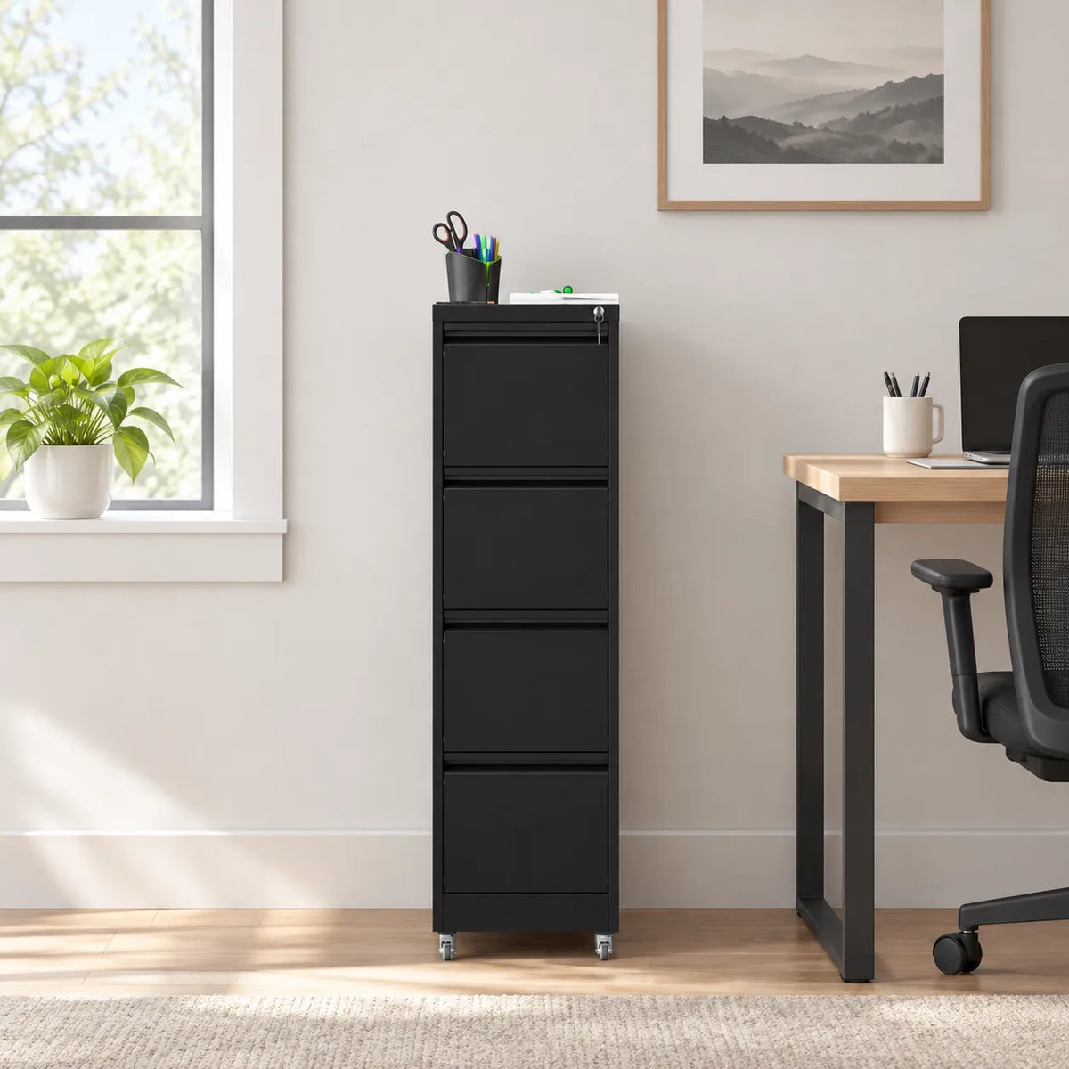 VIYET 4 Drawer Vertical File Cabinet, Metal Locking Filing Cabinet with Wheels, Legal & Letter File Storage, Anti-Tip Office Cabinet