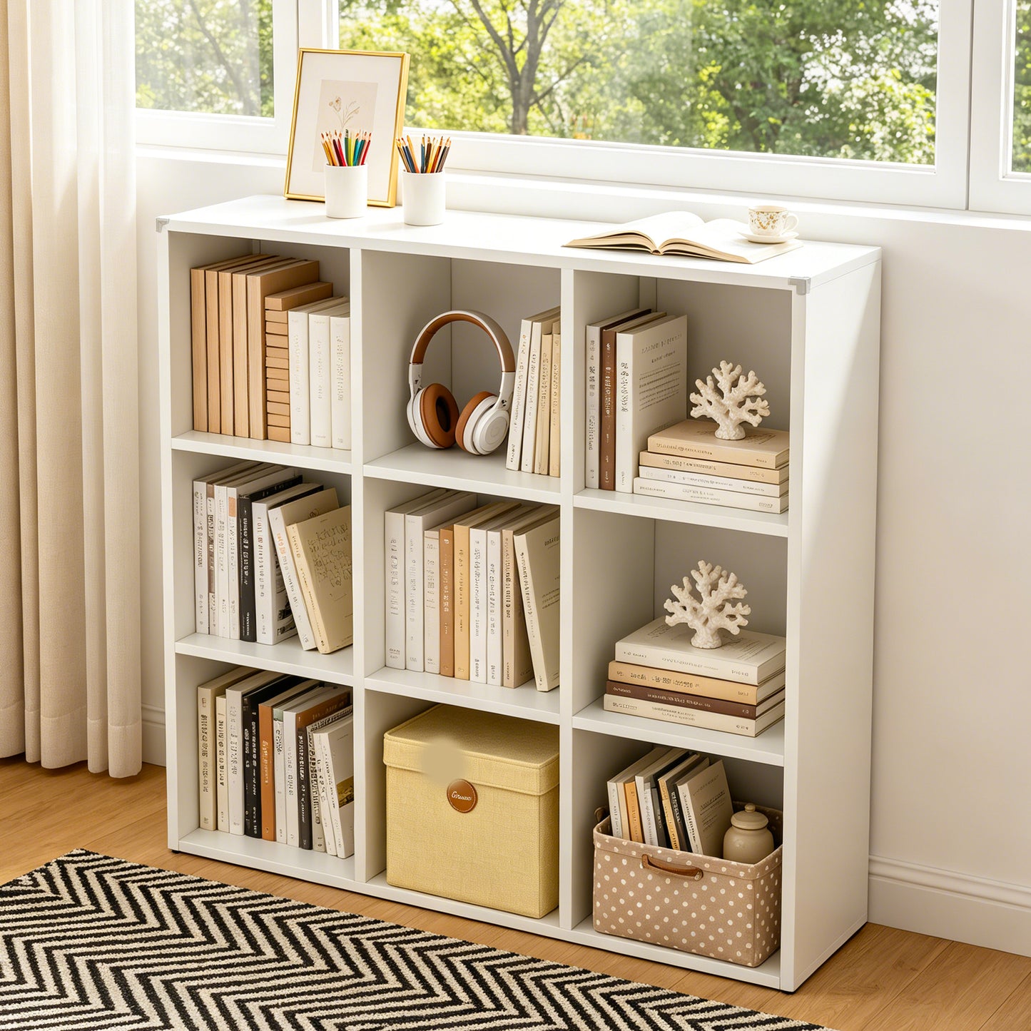 VIYET 9-Cube Metal Bookcase, 41"H Open Storage Organizer with 9 Cubes, Freestanding Display Shelf