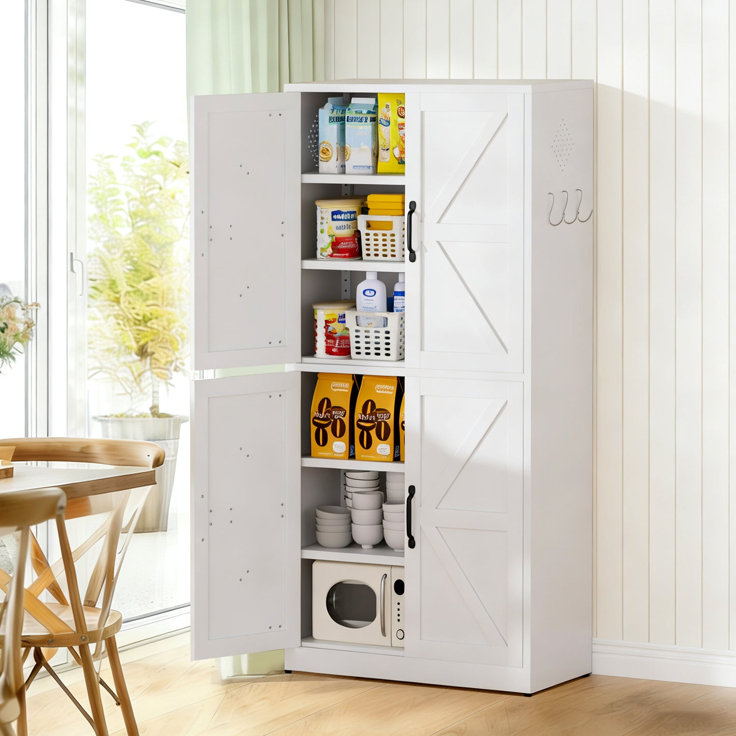 VIYET 64"H Heavy-Duty White Steel Pantry Cabinet,55LBS/Shelf Adjustable Shelves+Magnetic Door,for Kitchen/Bathroom/Living Room