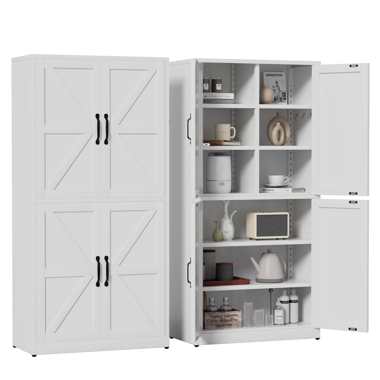 VIYET 64"H Heavy-Duty White Steel Pantry Cabinet,55LBS/Shelf Adjustable Shelves+Magnetic Door,for Kitchen/Bathroom/Living Room