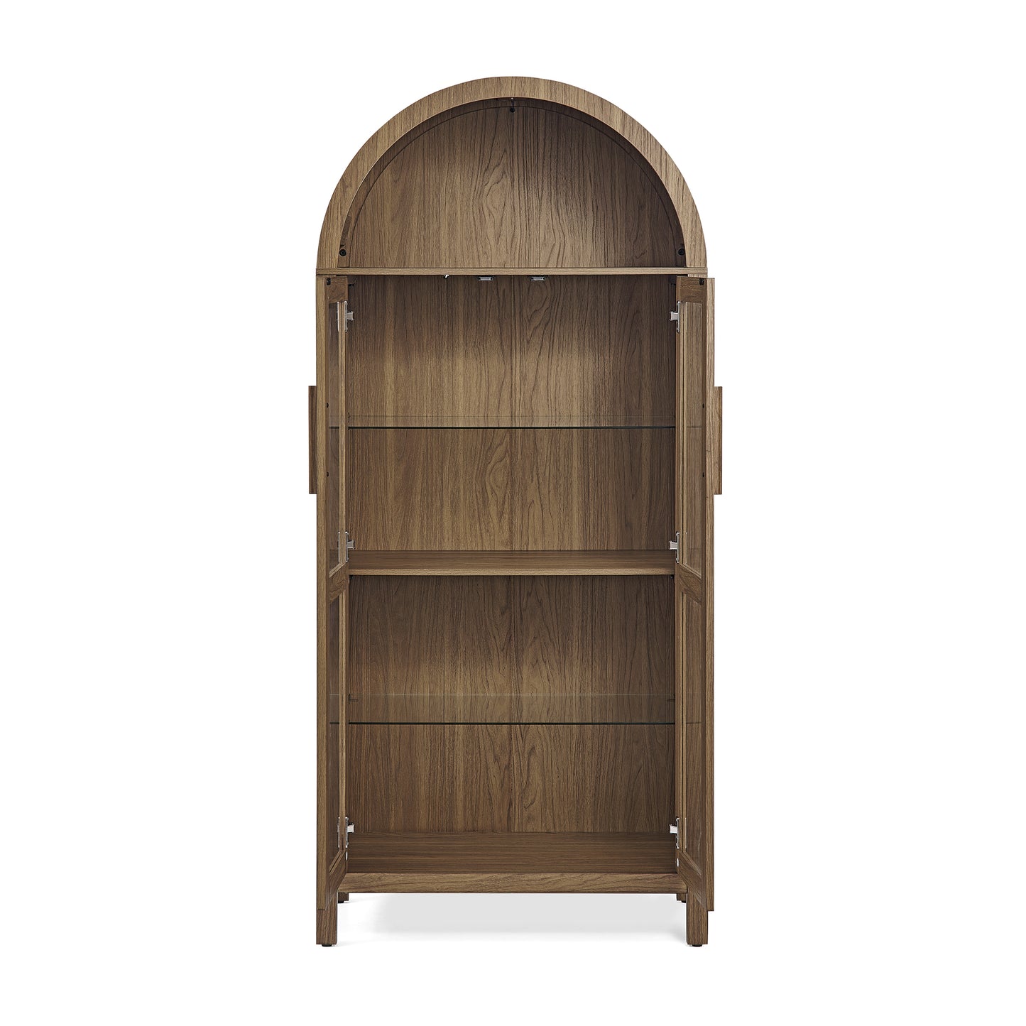 VIYET 67" Arched Storage Cabinet - LED Lamp, Brown MDF, Adjustable Glass Partitions