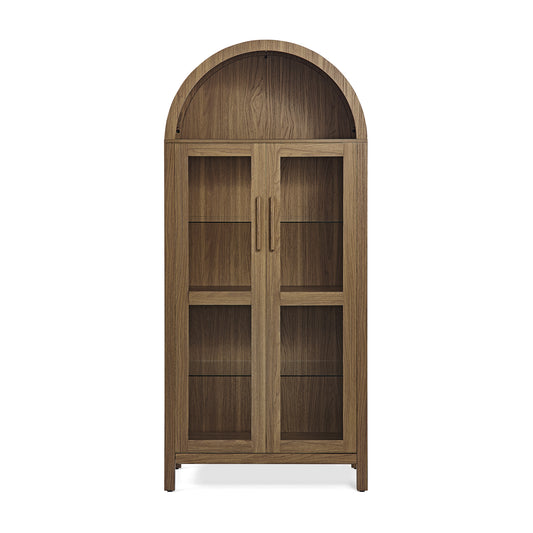 VIYET 67" Arched Storage Cabinet - LED Lamp, Brown MDF, Adjustable Glass Partitions