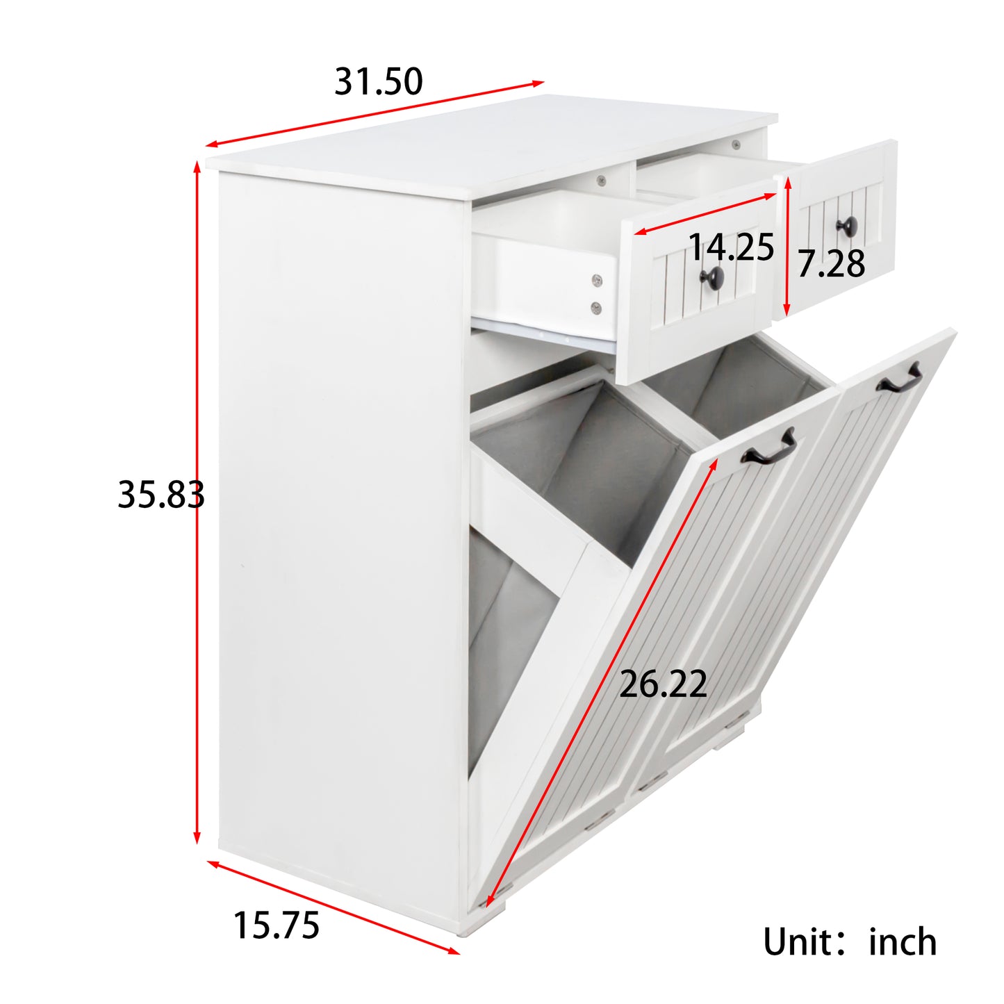 VIYET 35.8" White Laundry Cabinet - Particle Board+MDF, 2 Removable Baskets & 2 Light/Dark Sorting Drawers