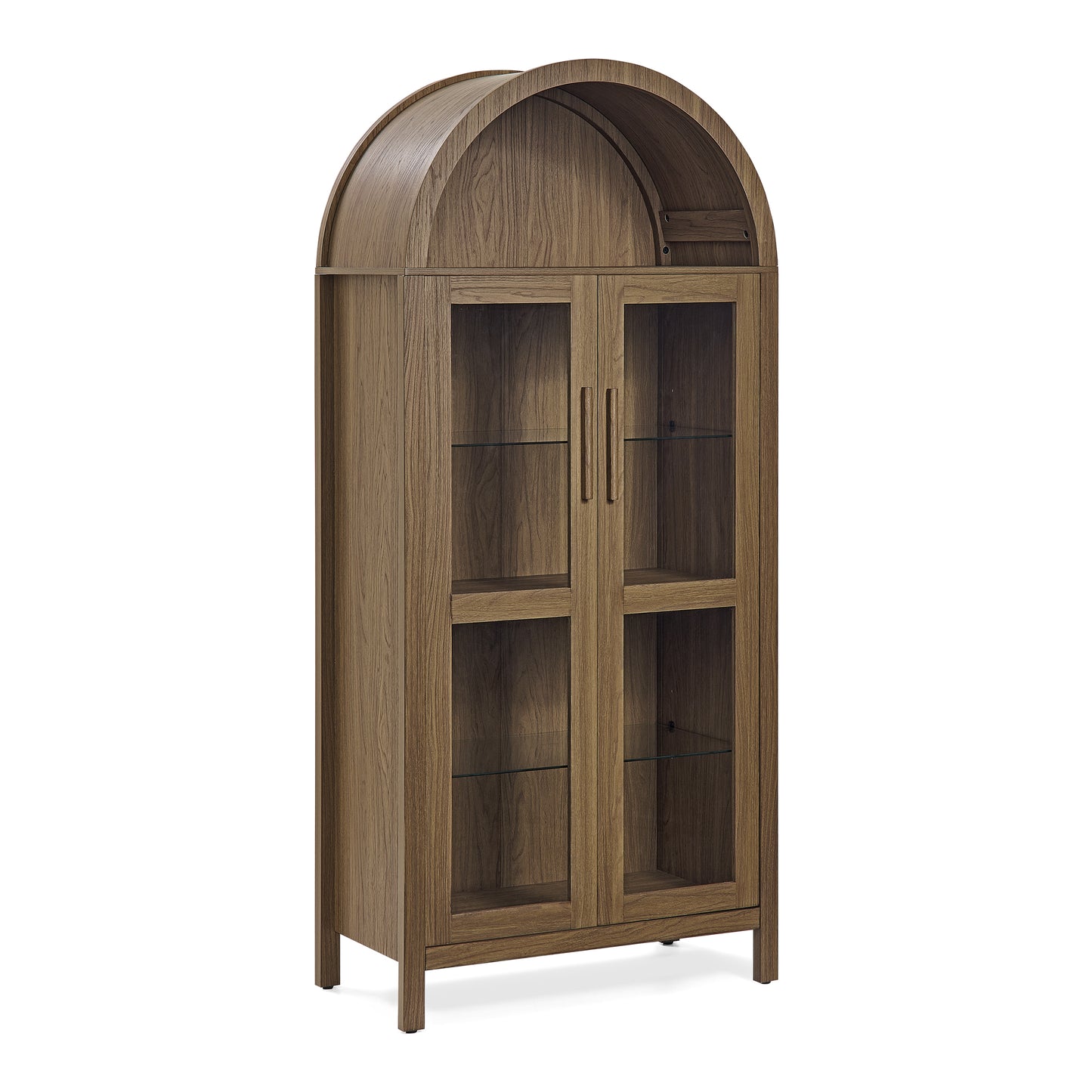 VIYET 67" Arched Storage Cabinet - LED Lamp, Brown MDF, Adjustable Glass Partitions