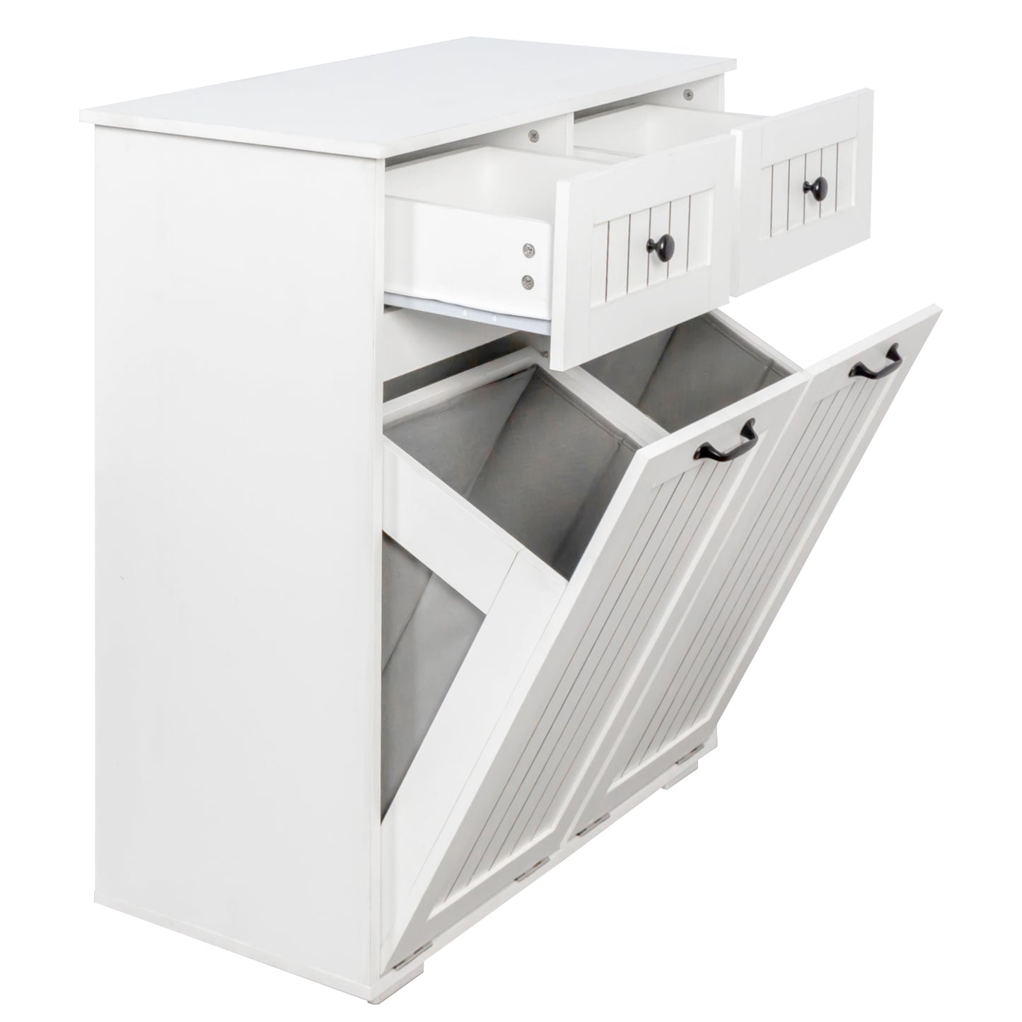 VIYET 35.8" White Laundry Cabinet - Particle Board+MDF, 2 Removable Baskets & 2 Light/Dark Sorting Drawers
