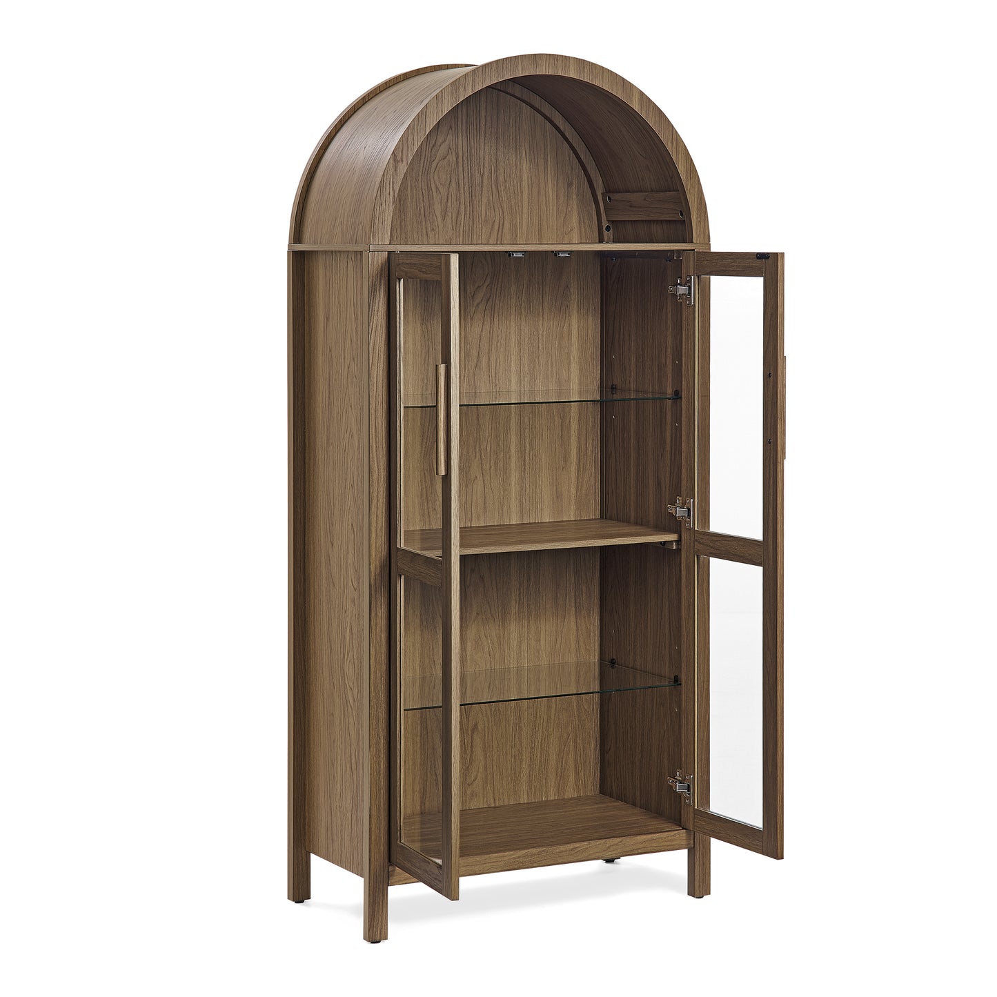 VIYET 67" Arched Storage Cabinet - LED Lamp, Brown MDF, Adjustable Glass Partitions