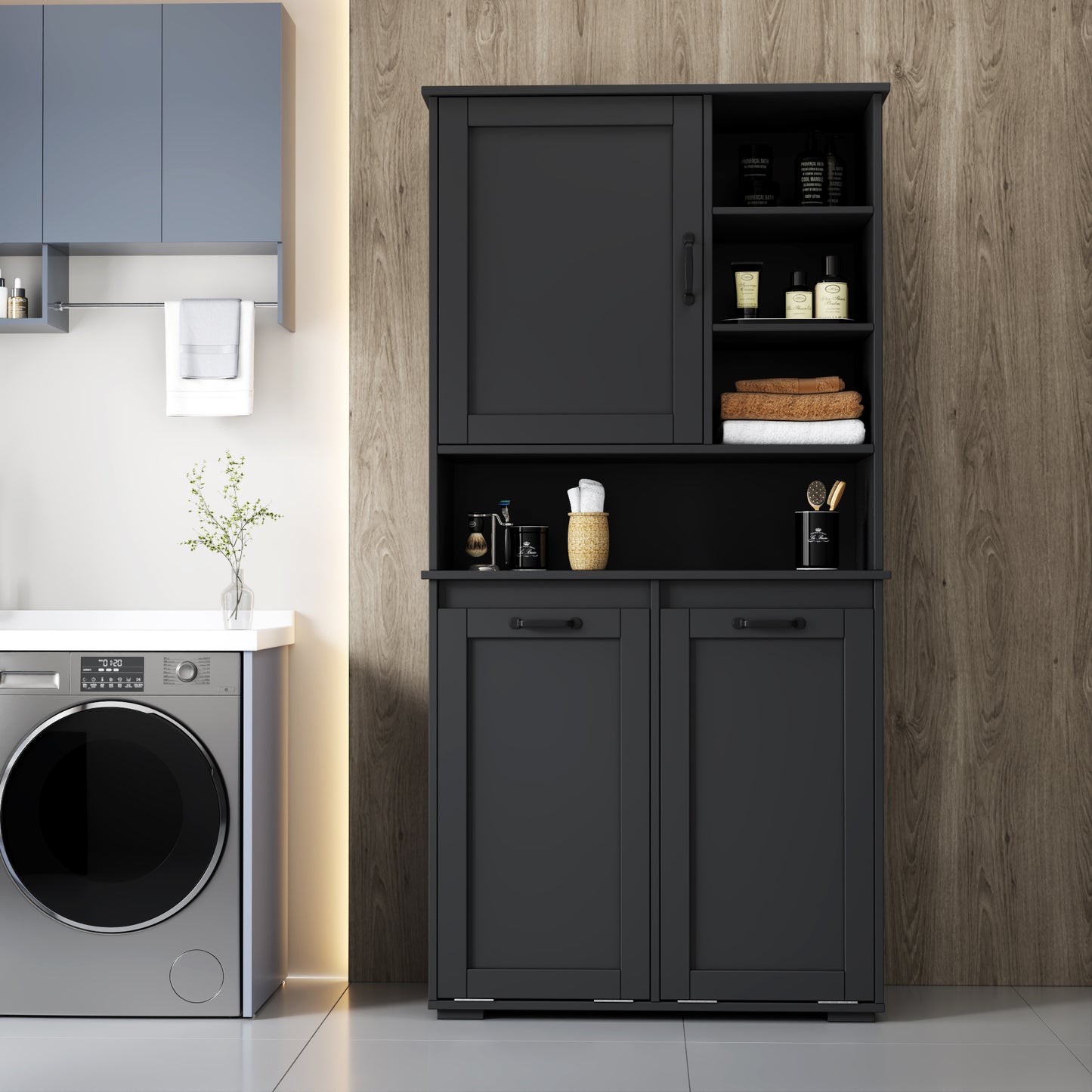 VIYET 63" black Freestanding Laundry Cabinet - Particle Board+MDF, Tilt-Out Hamper, Adjustable Shelves & Multiple Storage