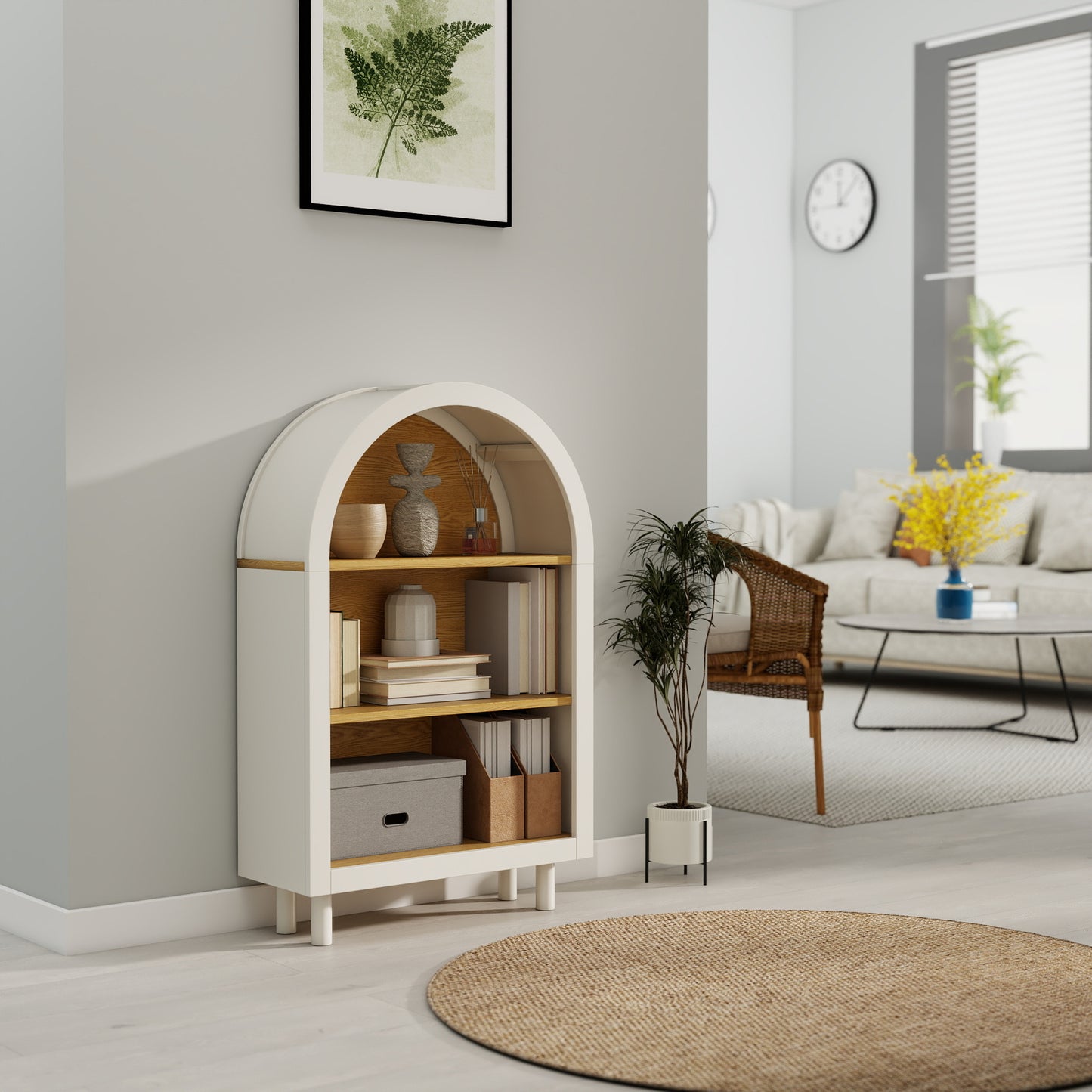 VIYET 3-Tier Arched Top Small Bookcase, White & Oak Woodgrain Modern Storage Cabinet, Engineered Wood Open Shelf for Living Room Bedroom Entryway