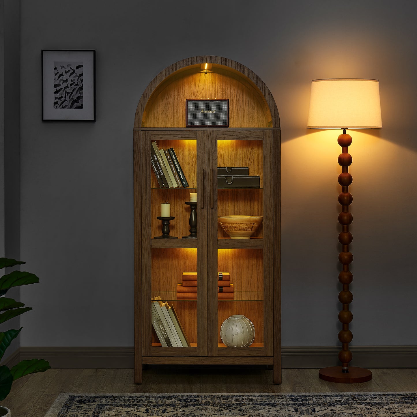 VIYET 67" Arched Storage Cabinet - LED Lamp, Brown MDF, Adjustable Glass Partitions