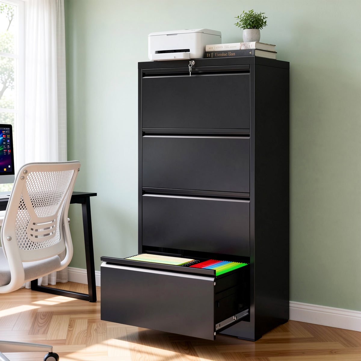 VIYET 4 Drawer Lateral File Cabinet with Lock, Metal Filing Cabinet for Home Office, Steel File Cabinet Fits Letter, Legal, A4 & F4 Hanging Files, Black