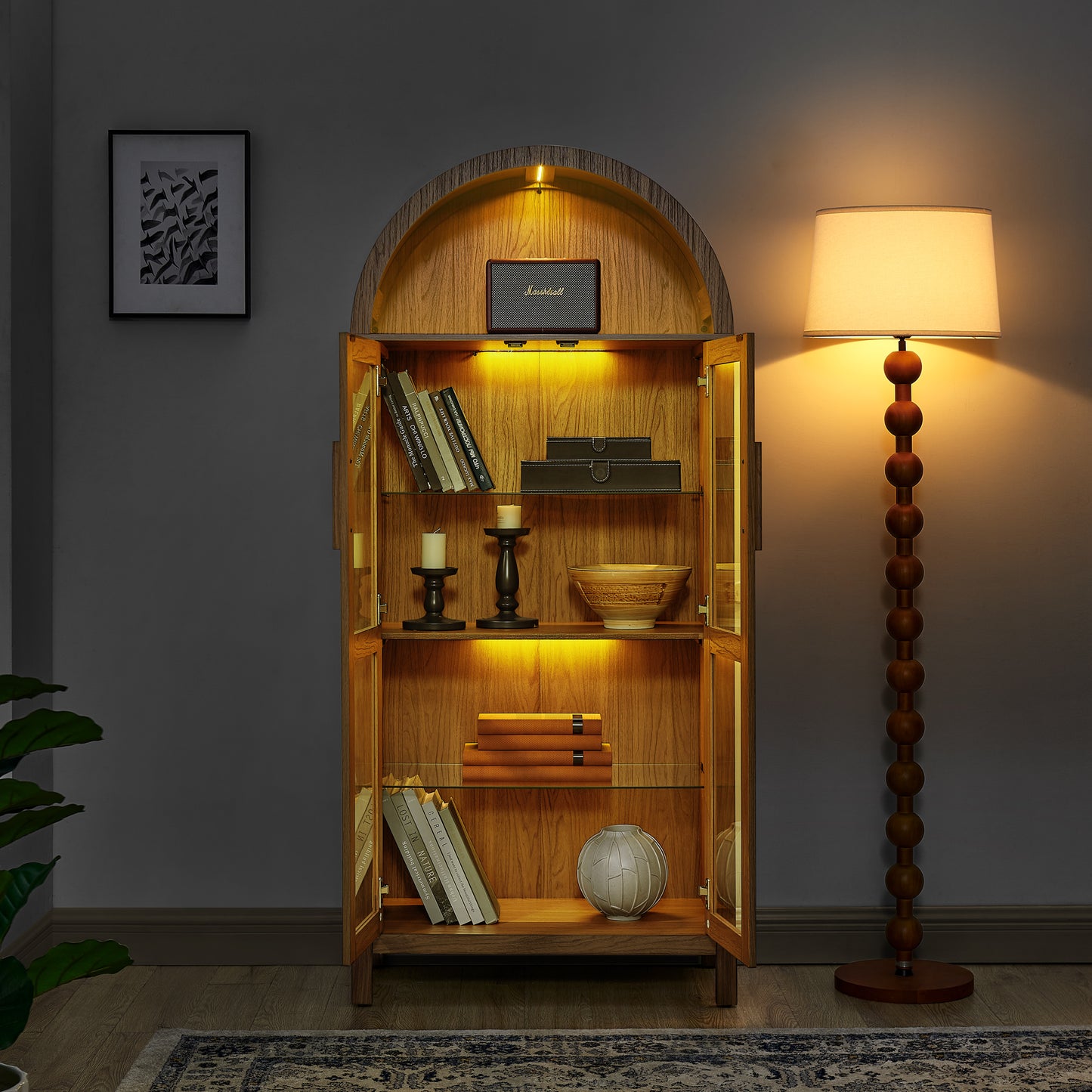 VIYET 67" Arched Storage Cabinet - LED Lamp, Brown MDF, Adjustable Glass Partitions