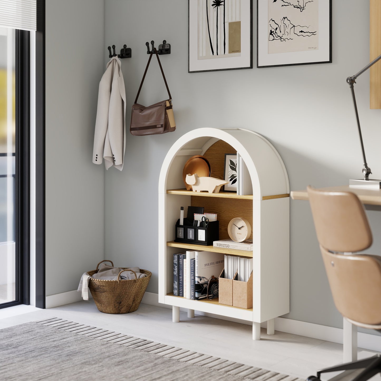 VIYET 3-Tier Arched Top Small Bookcase, White & Oak Woodgrain Modern Storage Cabinet, Engineered Wood Open Shelf for Living Room Bedroom Entryway