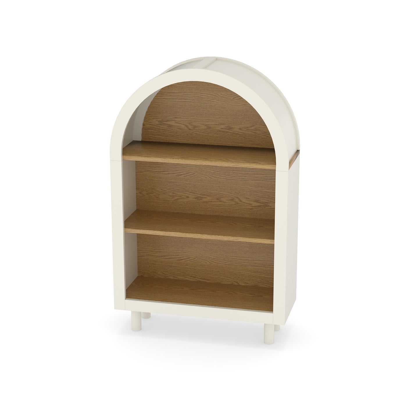 VIYET 3-Tier Arched Top Small Bookcase, White & Oak Woodgrain Modern Storage Cabinet, Engineered Wood Open Shelf for Living Room Bedroom Entryway