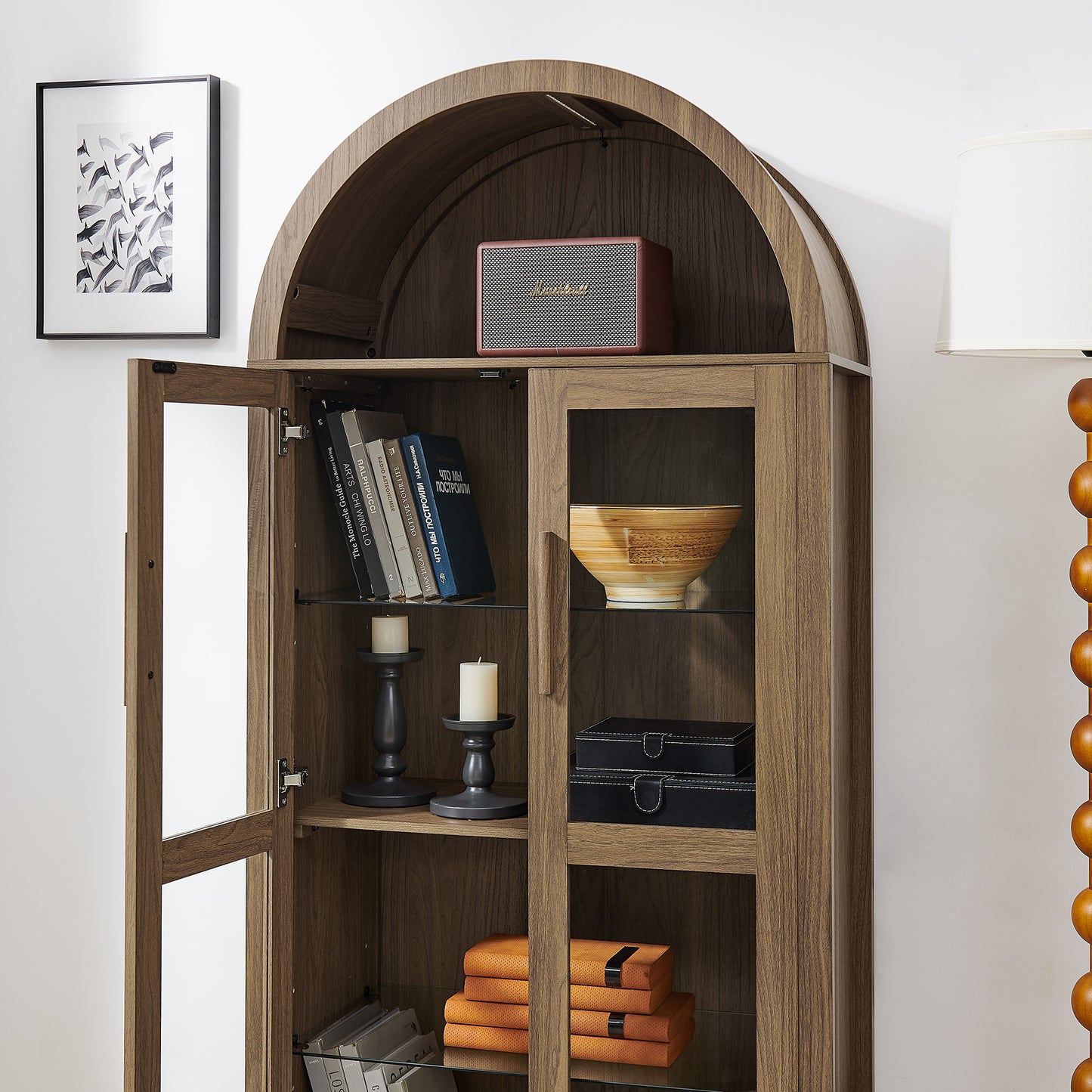 VIYET 67" Arched Storage Cabinet - LED Lamp, Brown MDF, Adjustable Glass Partitions
