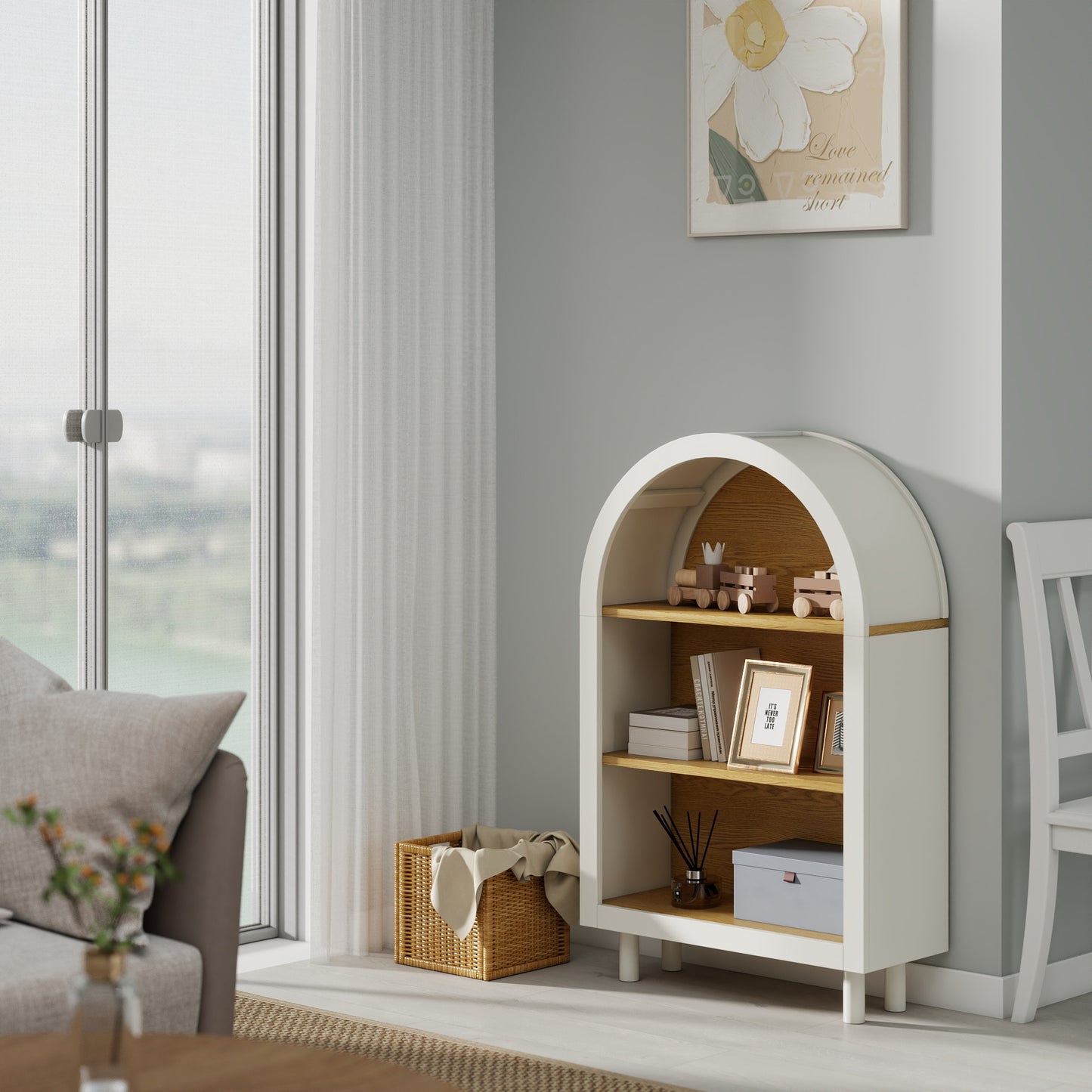 VIYET 3-Tier Arched Top Small Bookcase, White & Oak Woodgrain Modern Storage Cabinet, Engineered Wood Open Shelf for Living Room Bedroom Entryway
