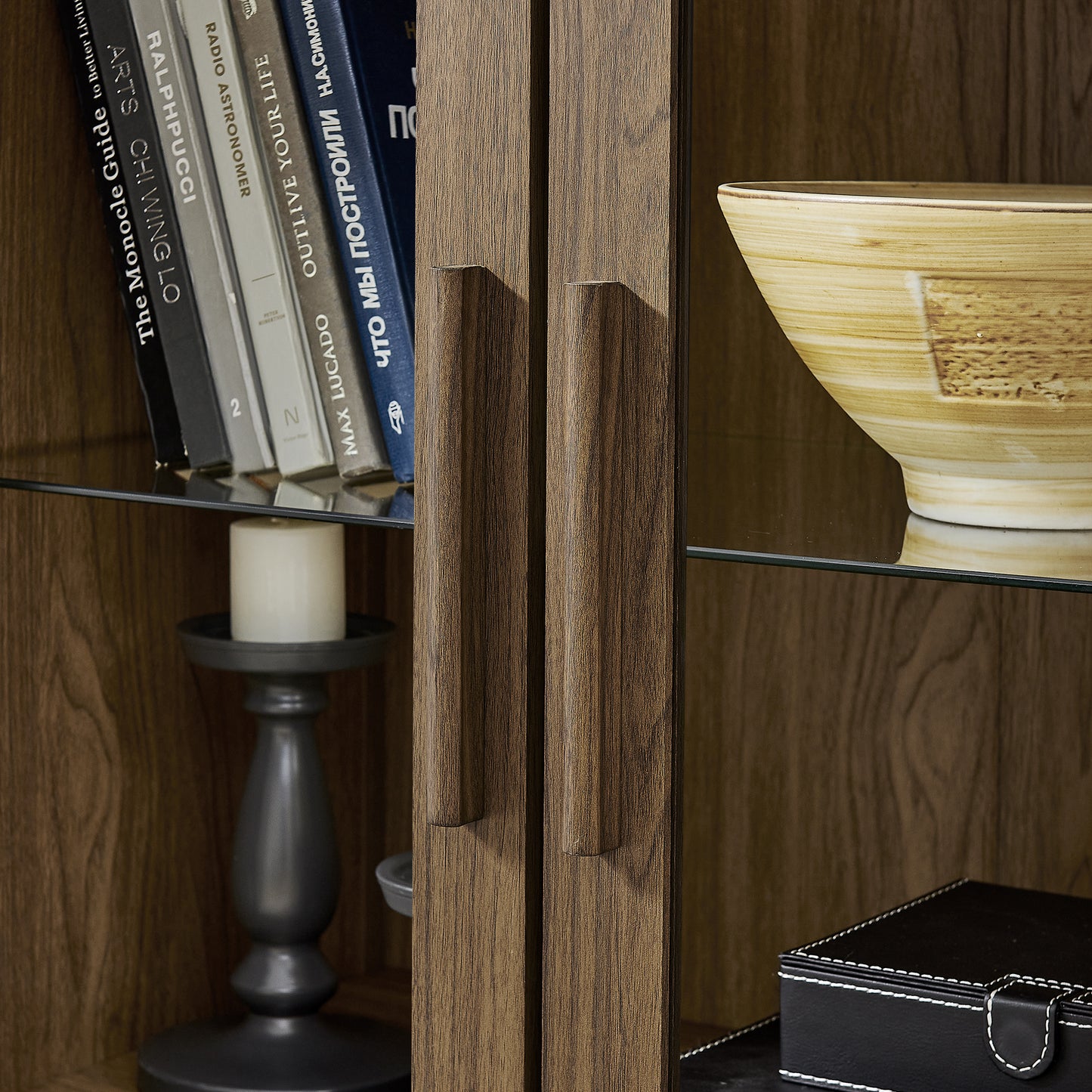VIYET 67" Arched Storage Cabinet - LED Lamp, Brown MDF, Adjustable Glass Partitions
