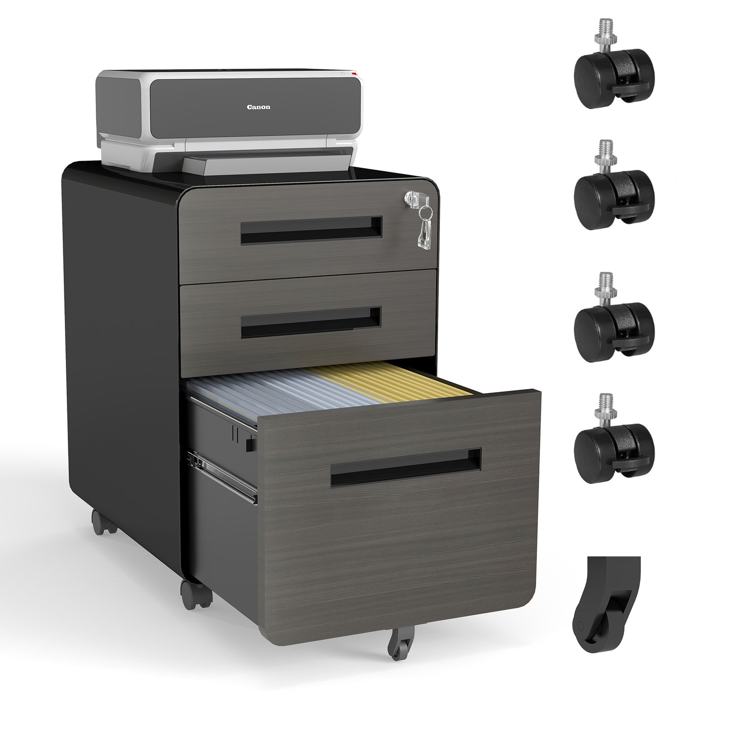 VIYET 23"H Mobile File Cabinet with Lock - All-Steel Fully Assembled, Anti-Tip Design & Locking Casters, Fits A4/Letter, for Home/Office (Black)