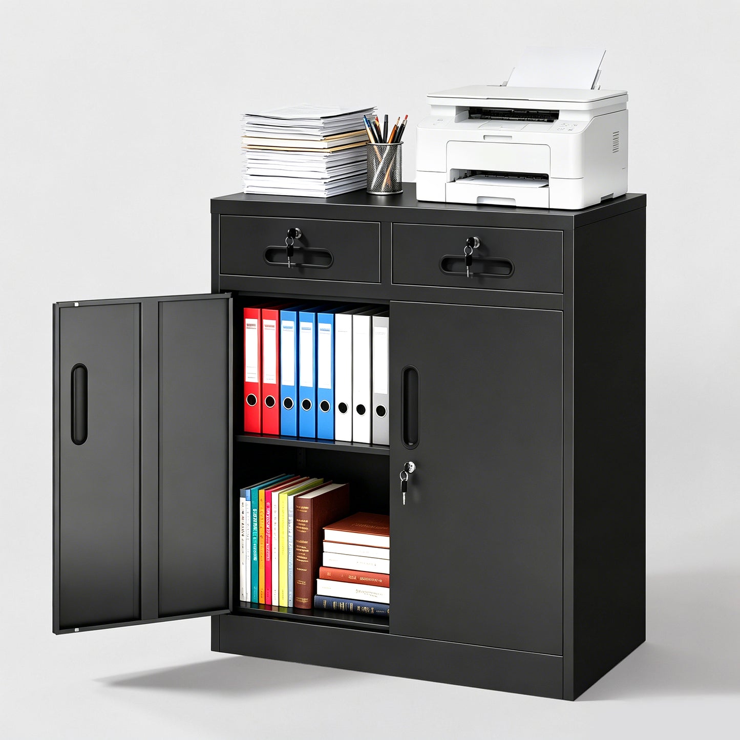 VIYET 35" Metal Storage Cabinet with Lock & 2 Drawers, Locking Steel Office File Cabinet with Adjustable Shelf for Home, Garage & School