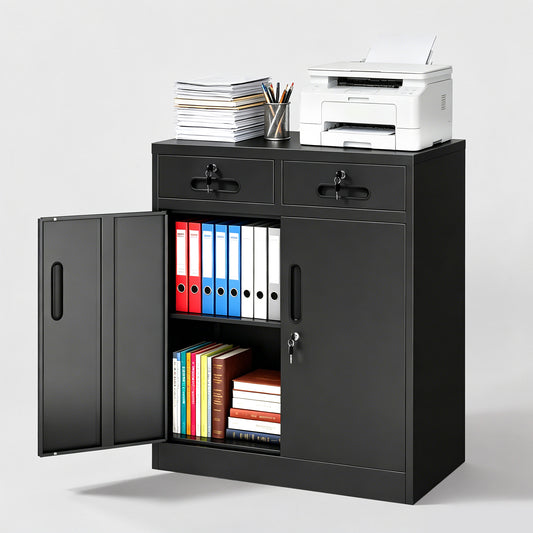 VIYET 35" Metal Storage Cabinet with Lock & 2 Drawers, Locking Steel Office File Cabinet with Adjustable Shelf for Home, Garage & School