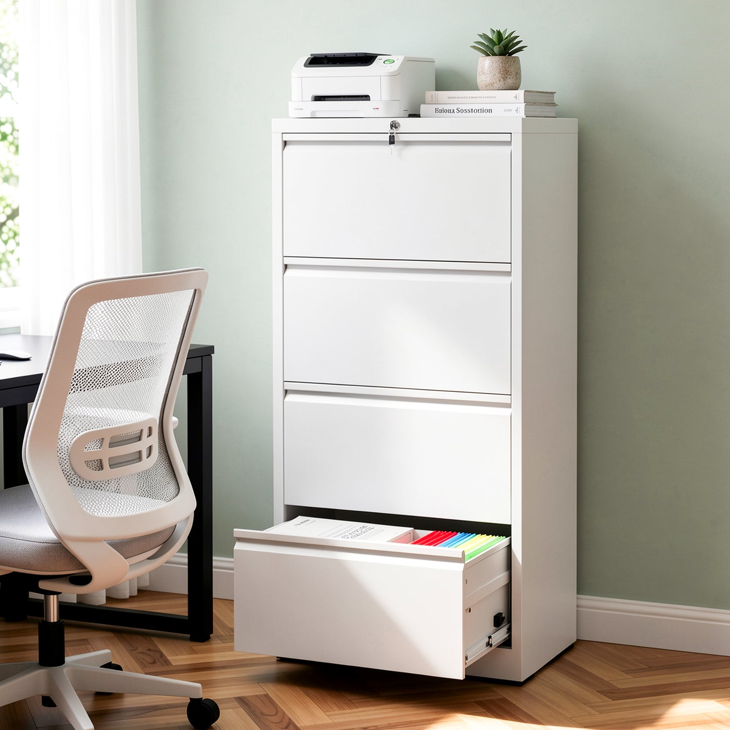 VIYET 4 Drawer Lateral File Cabinet with Lock, White Metal Filing Cabinet for Home Office, Fits Letter, Legal, A4 & F4 Hanging Files