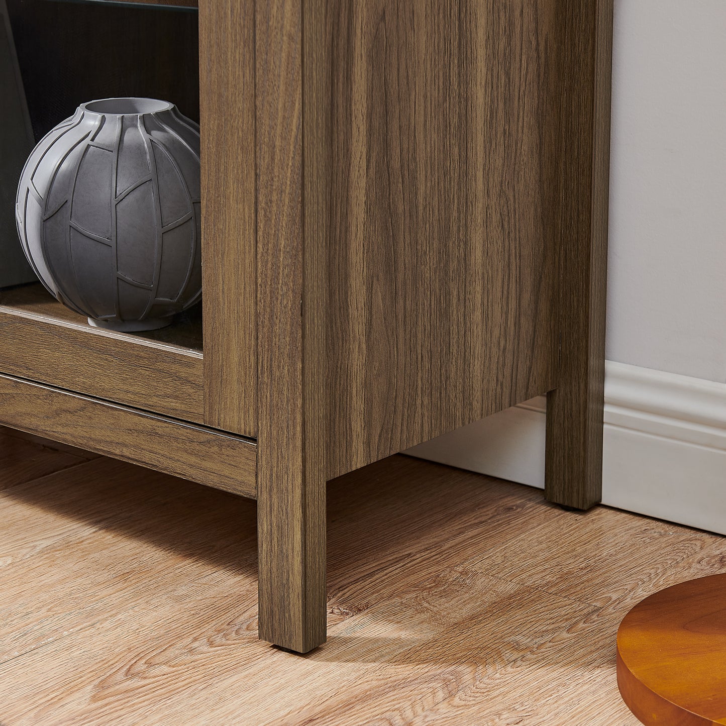 VIYET 67" Arched Storage Cabinet - LED Lamp, Brown MDF, Adjustable Glass Partitions