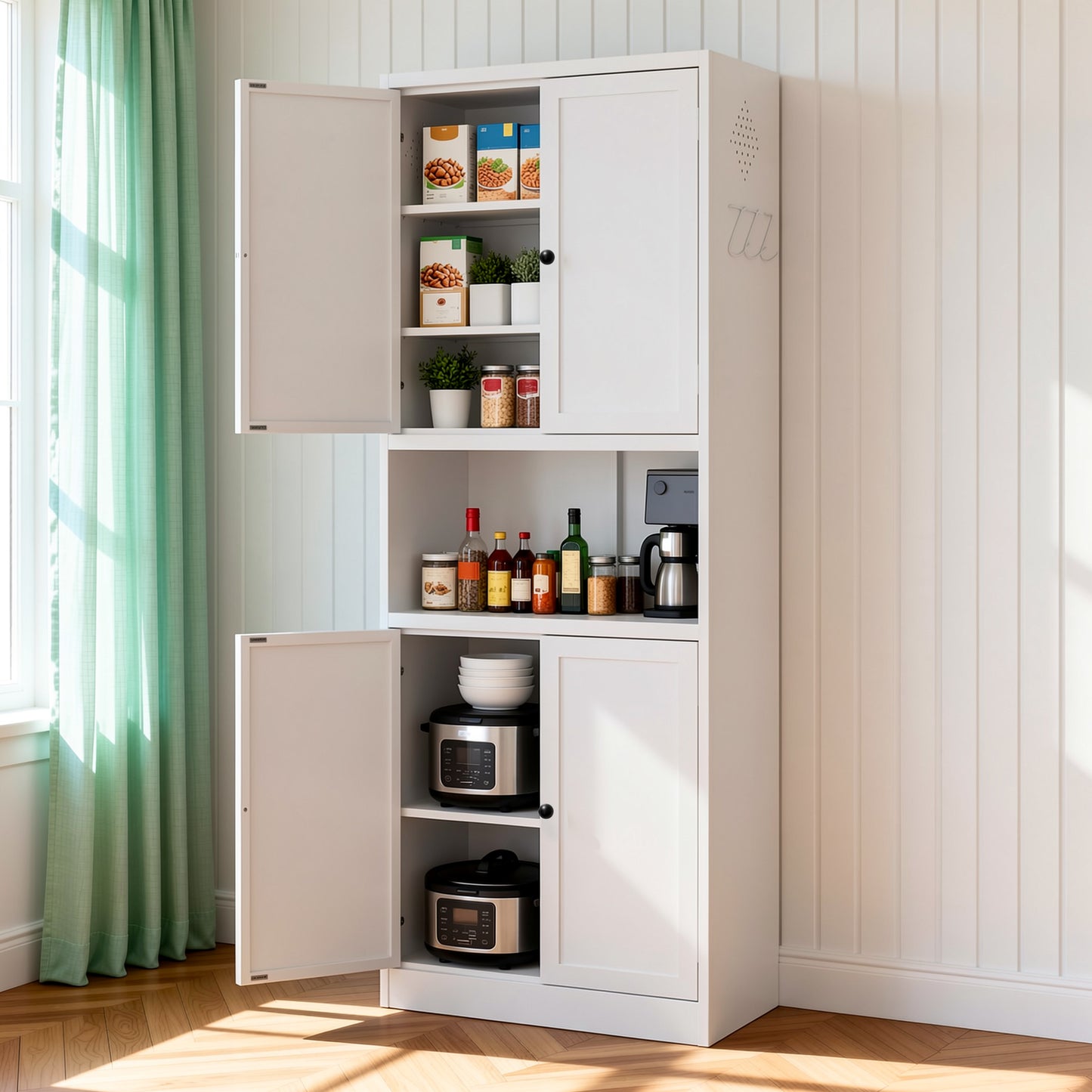 VIYET 72" Kitchen Pantry Cabinet with Large Countertop, Adjustable Shelves & Hooks, White Metal Coffee Bar Storage Cabinet for Kitchen & Dining Room