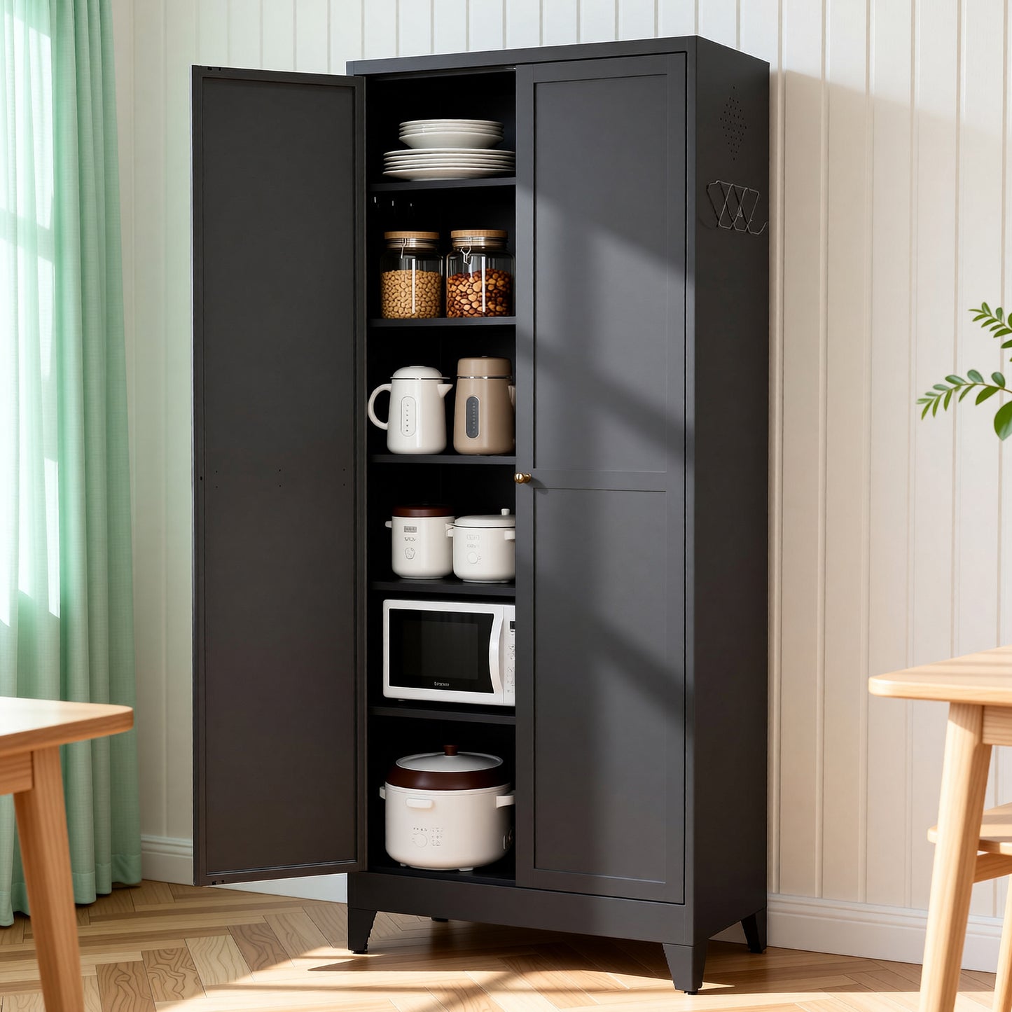VIYET 75" Metal Kitchen Pantry Cabinet, Tall Freestanding Storage Cabinet with 5 Adjustable Shelves, Heavy Duty Steel Organizer for Kitchen, Dining Room, Black