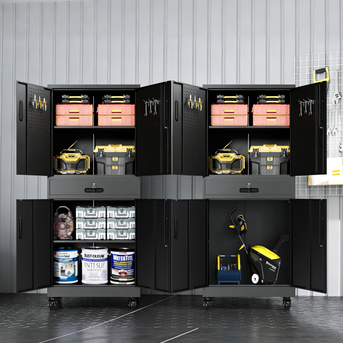 VIYET 71" Metal Garage Storage Cabinet with Drawer, Lockable Doors, Adjustable Shelves, Pegboard & Rolling Wheels for Home Office Utility
