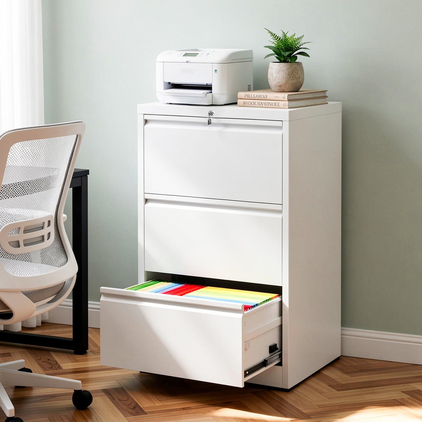 VIYET 3 Drawer Lateral File Cabinet with Lock, White Metal Filing Cabinet for Home Office, Fits Letter, Legal, A4 & F4 Hanging Files