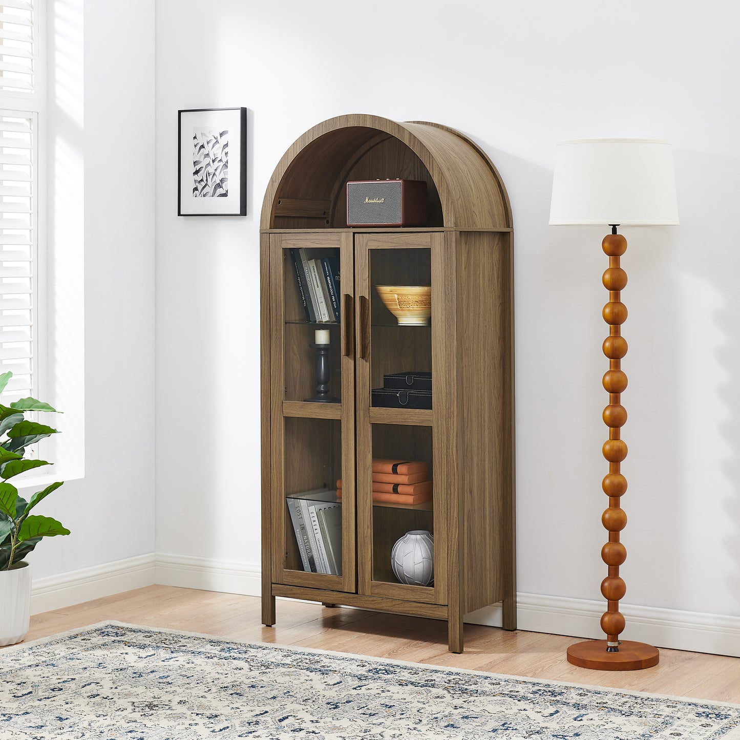 VIYET 67" Arched Storage Cabinet - LED Lamp, Brown MDF, Adjustable Glass Partitions