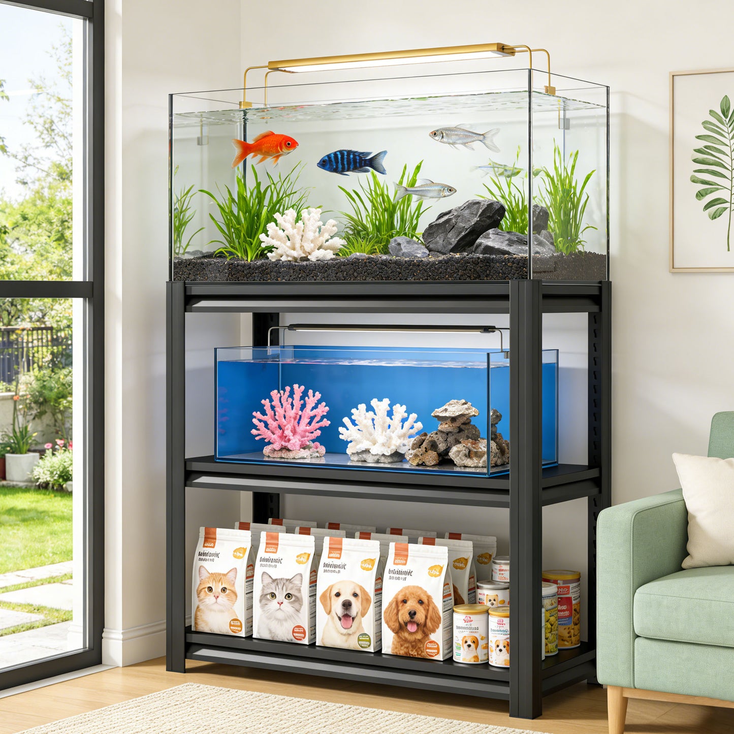 VIYET 3-Tier Metal Fish Tank Stand, 47.2"W Heavy Duty Adjustable Aquarium Rack for 30-40 Gallon Fish Tank, Multi-Use Storage Shelf
