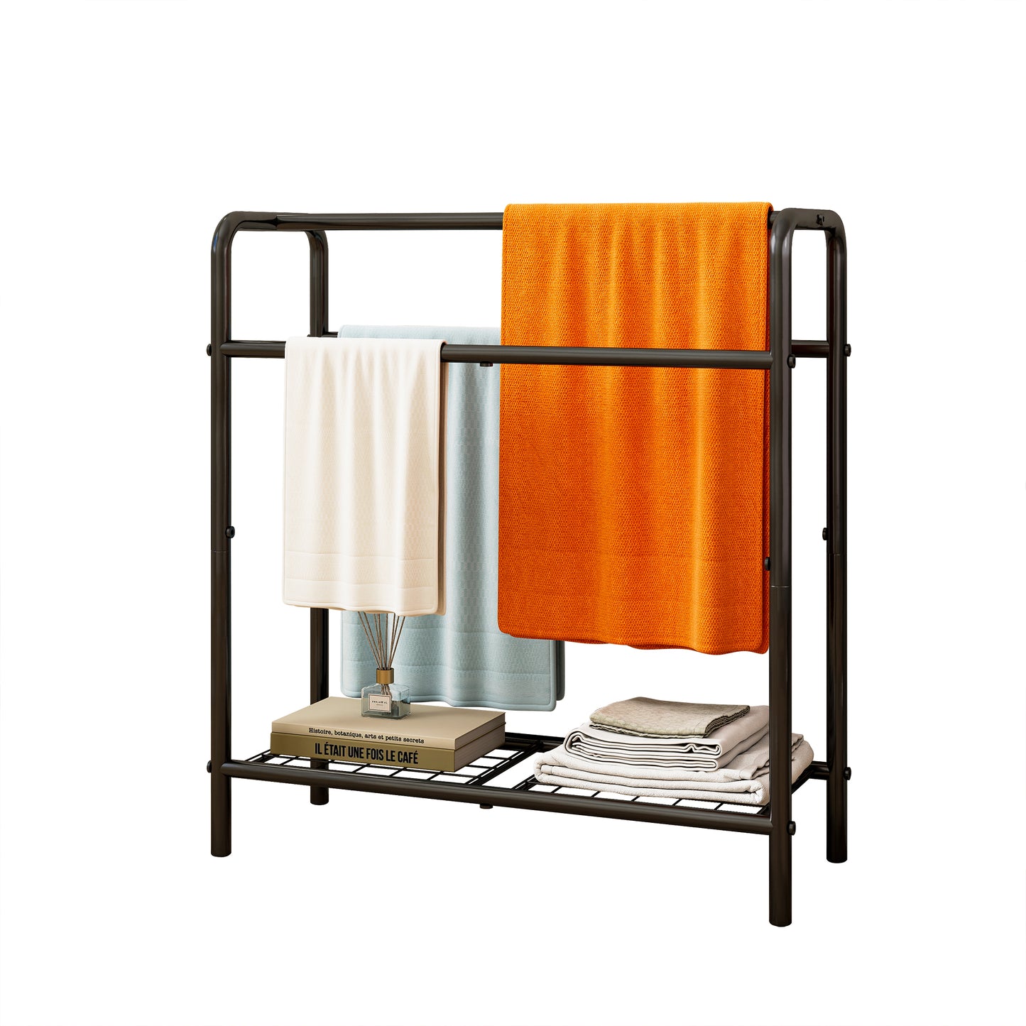 VIYET 30" 3-Tier Metal Towel Rack, Freestanding Black Storage Holder (Bathroom/Bedroom/Pool Display Organizer)