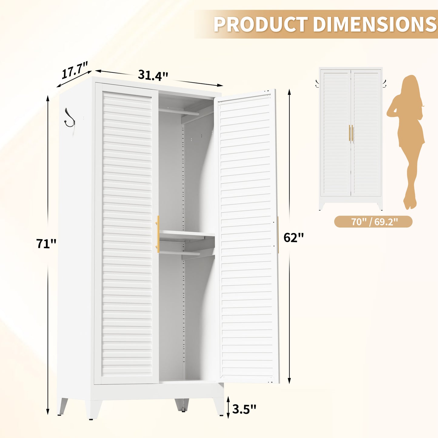 VIYET 71" Metal Wardrobe Closet with Adjustable Hanging Rod, Louvered Doors, Side Hooks & Shelves, Heavy Duty Clothing Storage Cabinet for Bedroom, Laundry Room, White