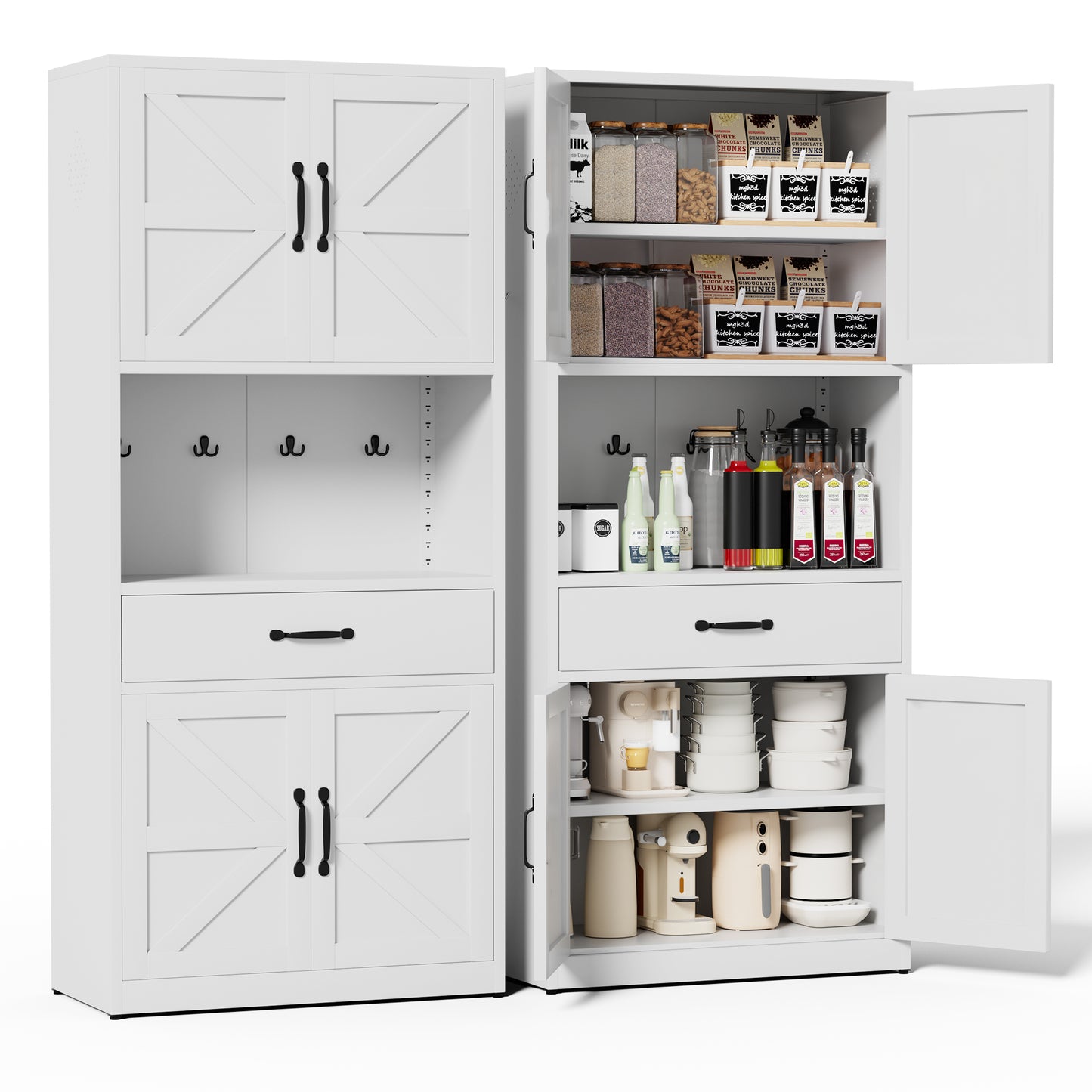 VIYET 71"H Heavy-Duty White Steel Pantry Cabinet,Large Countertop+Adjustable Shelves+Drawers+Hooks,Modern Storage for Kitchen/Bathroom/Living Room