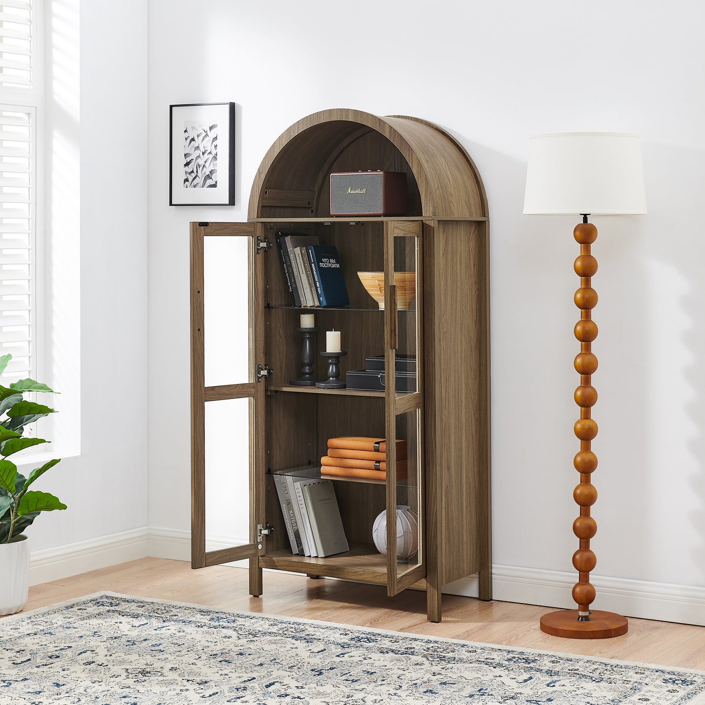 VIYET 67" Arched Storage Cabinet - LED Lamp, Brown MDF, Adjustable Glass Partitions