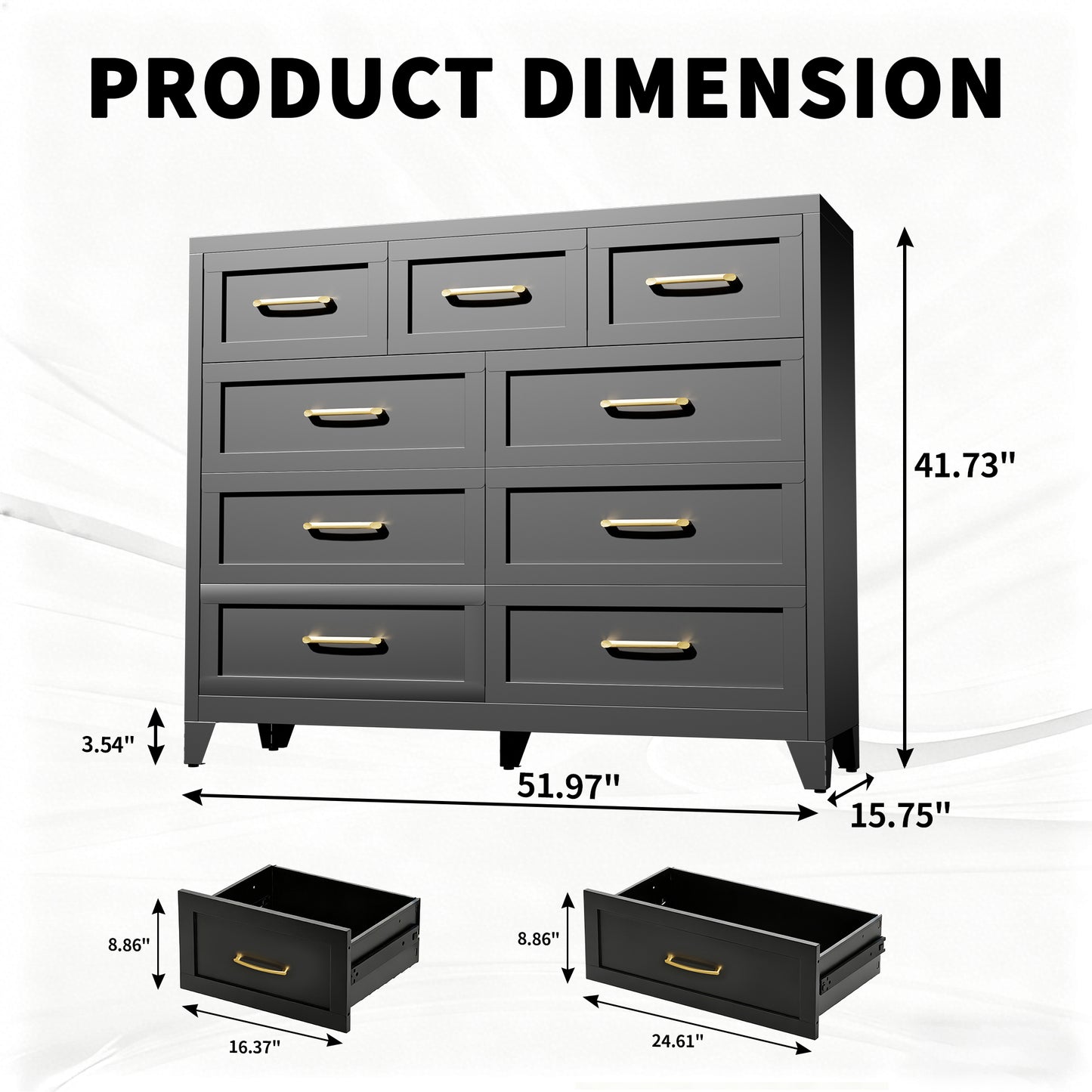 VIYET 9-Drawer Black Dresser for Bedroom, Tall Wide Chest of Drawers with Smooth-Glide Storage