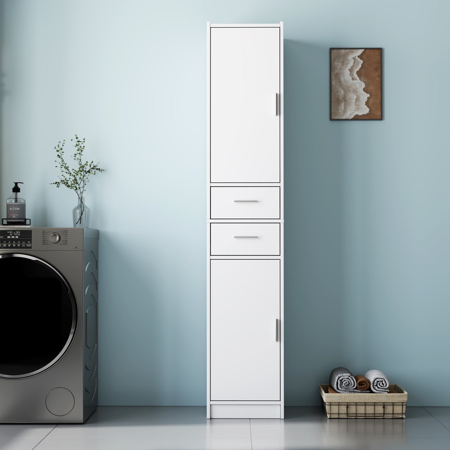 VIYET 71" Tall Narrow Storage Cabinet - White Particle Board+MDF, 2 Doors, 2 Drawers, Adjustable Shelves, Kitchen Use