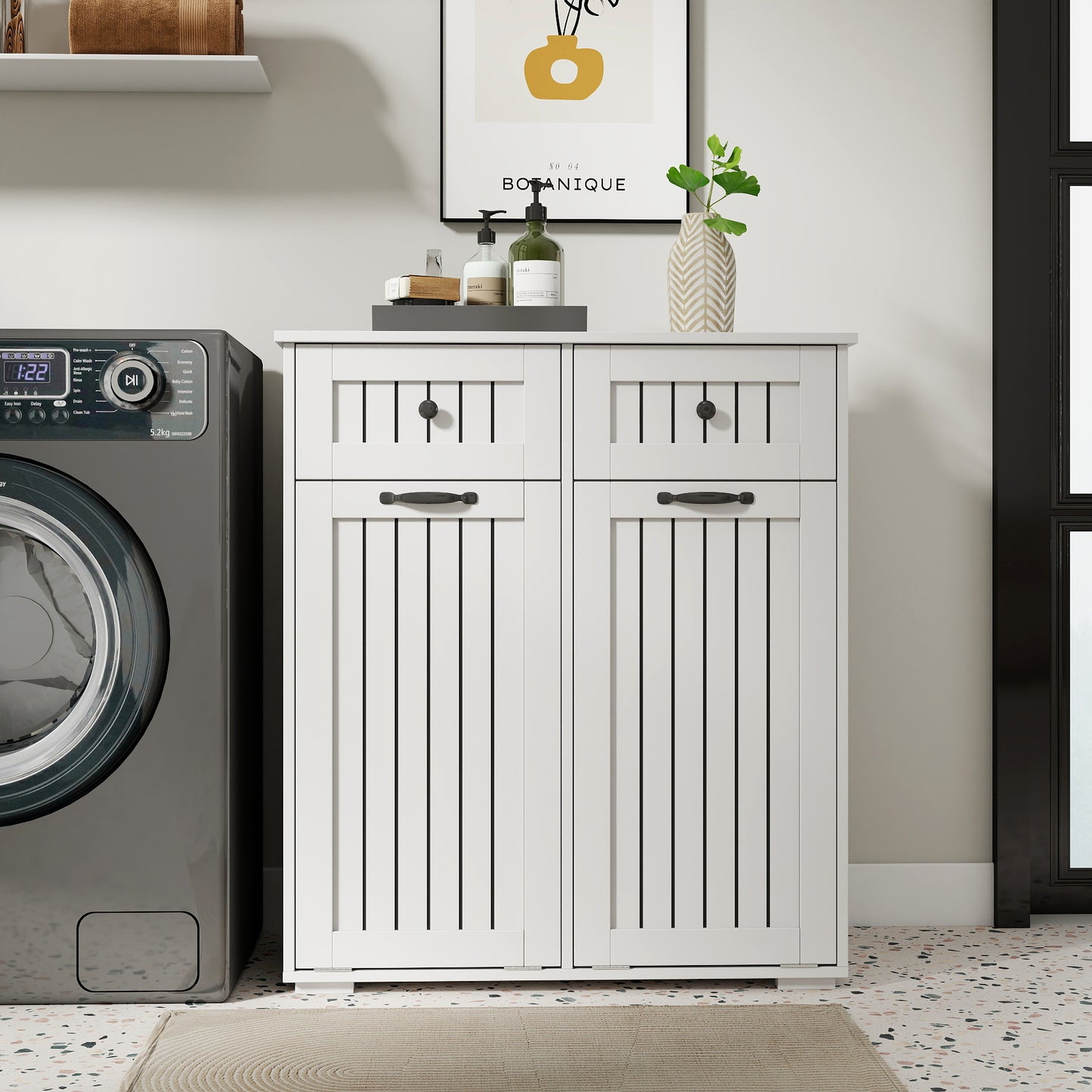 VIYET 35.8" White Laundry Cabinet - Particle Board+MDF, 2 Removable Baskets & 2 Light/Dark Sorting Drawers